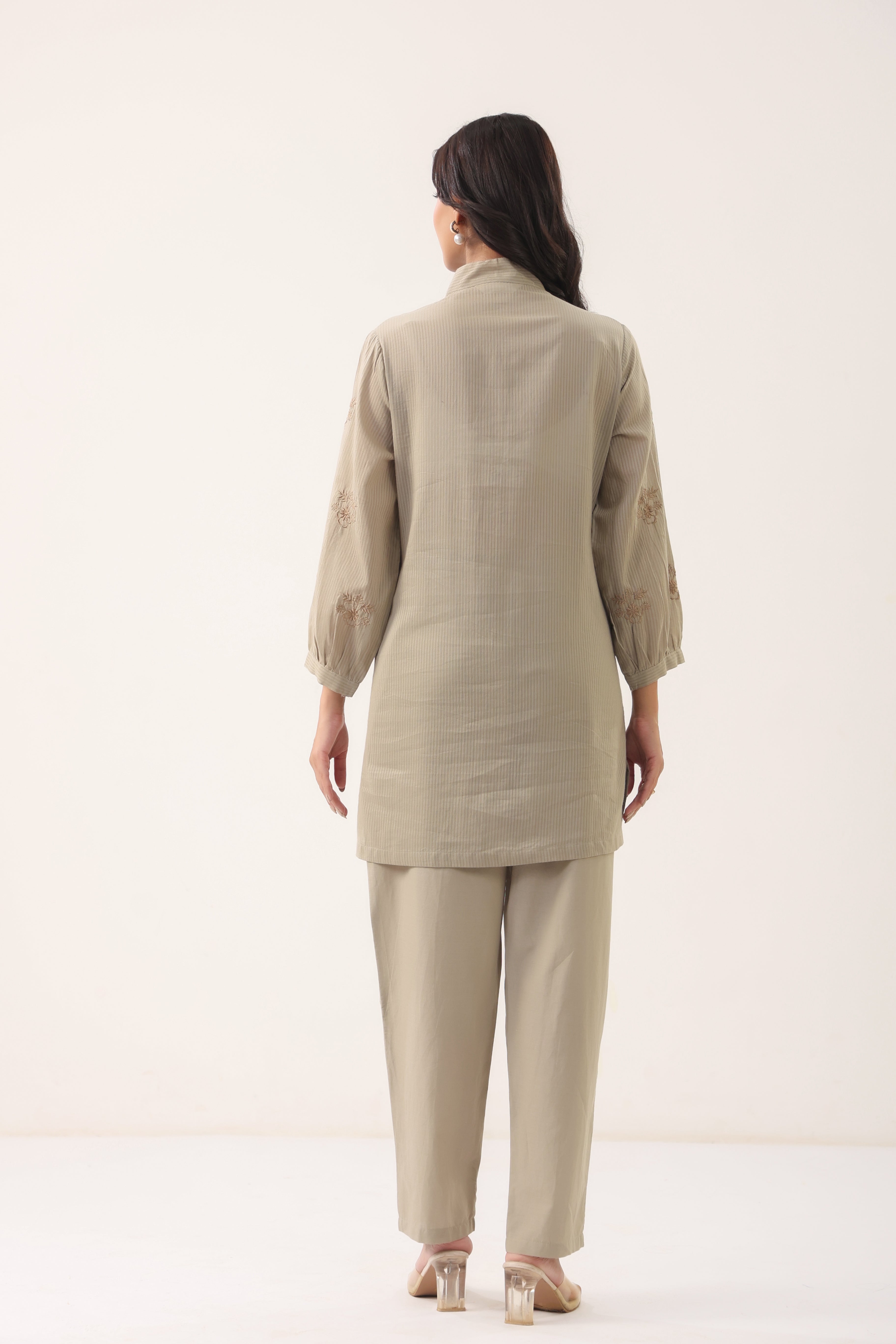 Women Grey Embroidered Bow Neck Shirt Style Co-ord Set