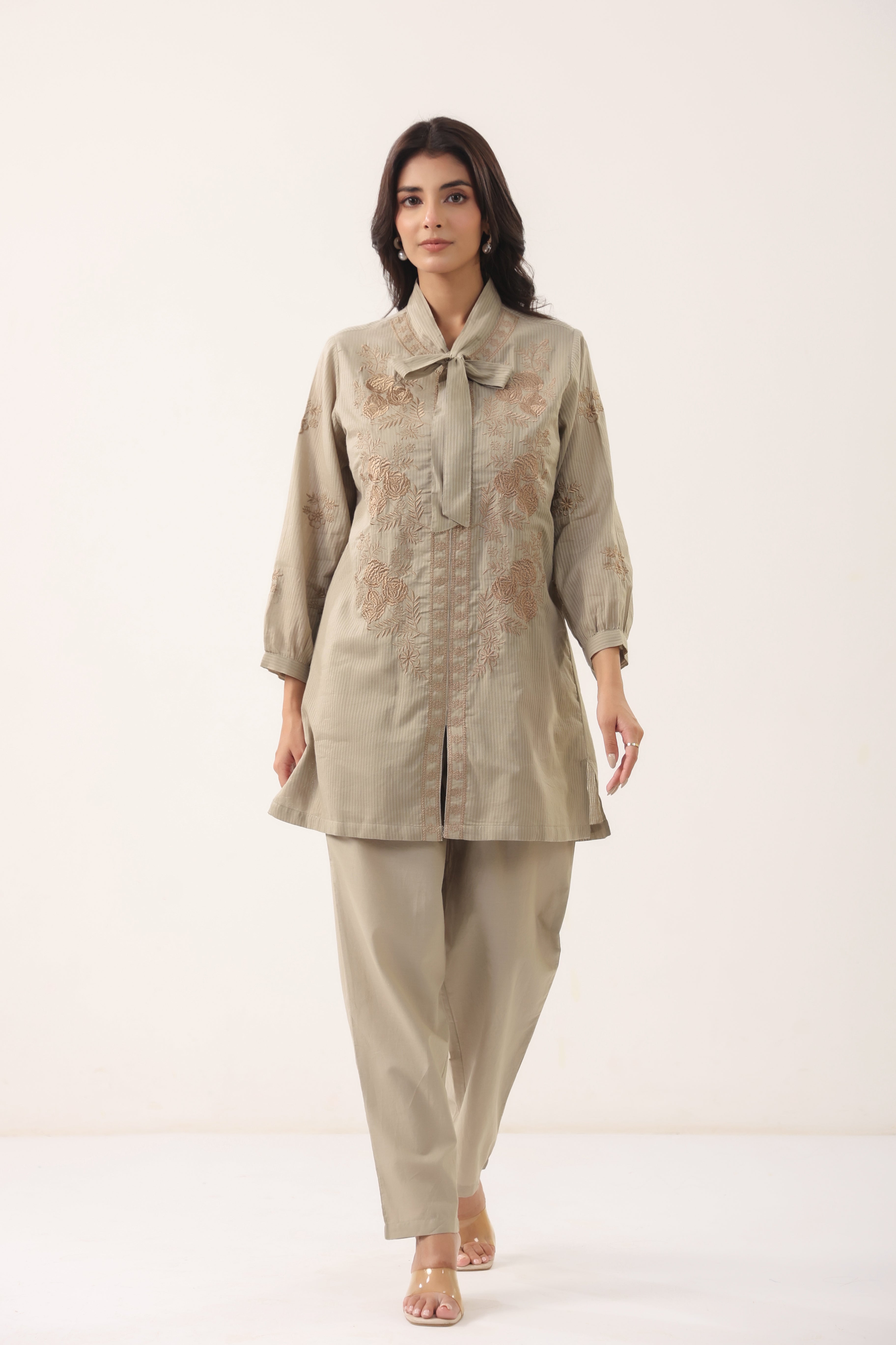 Women Grey Embroidered Bow Neck Shirt Style Co-ord Set