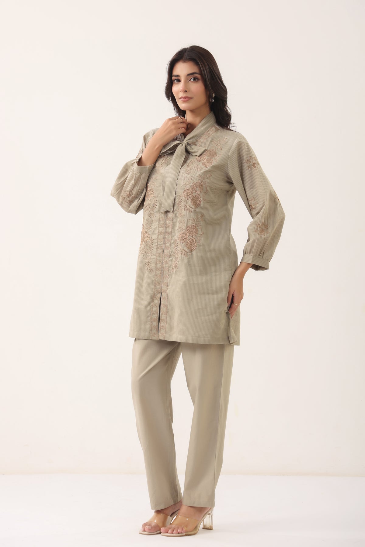 Women Grey Embroidered Bow Neck Shirt Style Co-ord Set