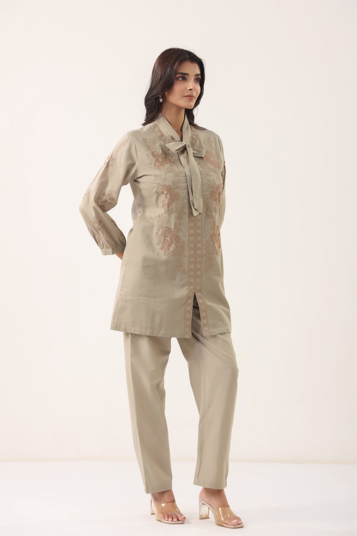 Women Grey Embroidered Bow Neck Shirt Style Co-ord Set