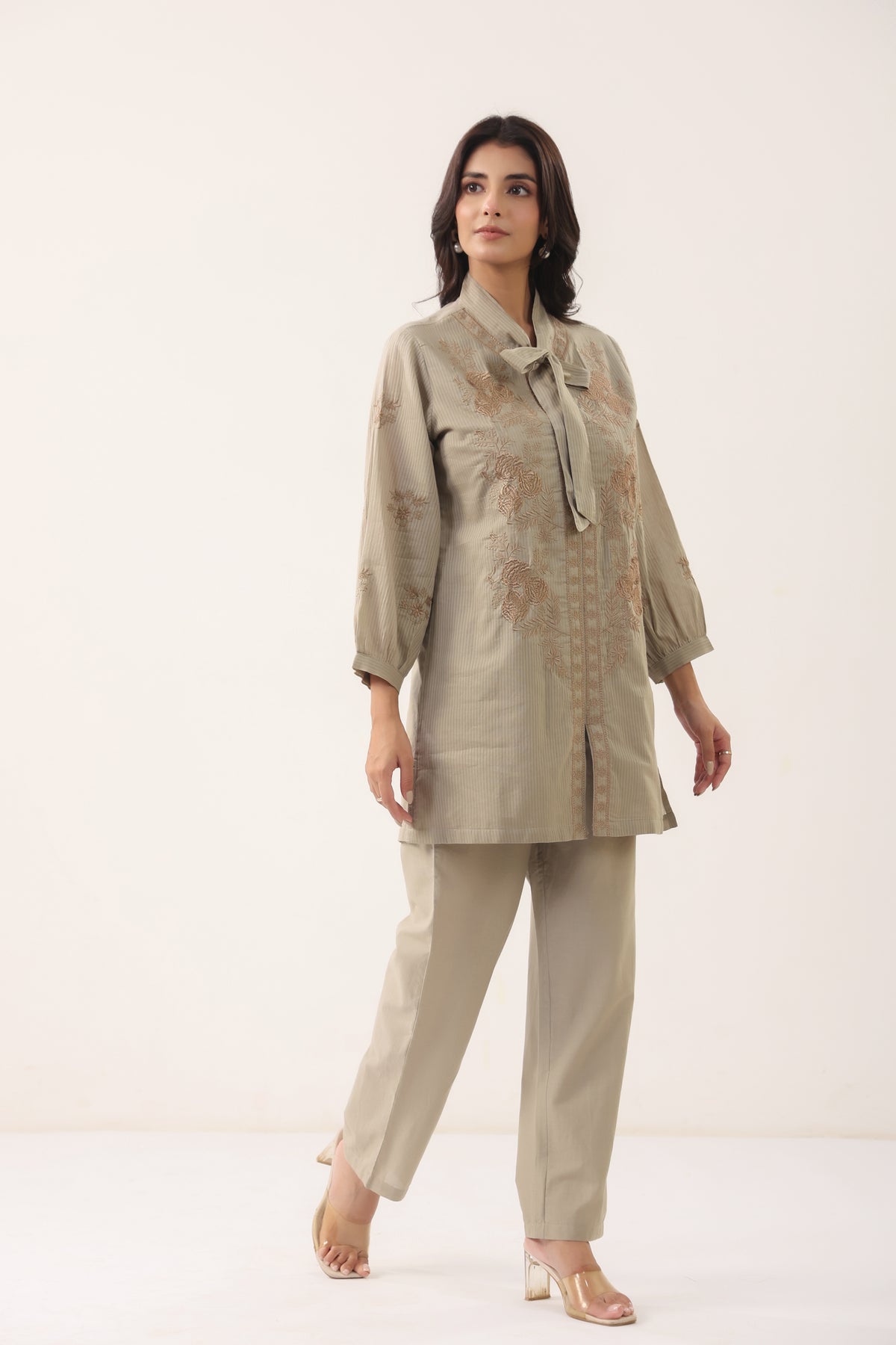Women Grey Embroidered Bow Neck Shirt Style Co-ord Set