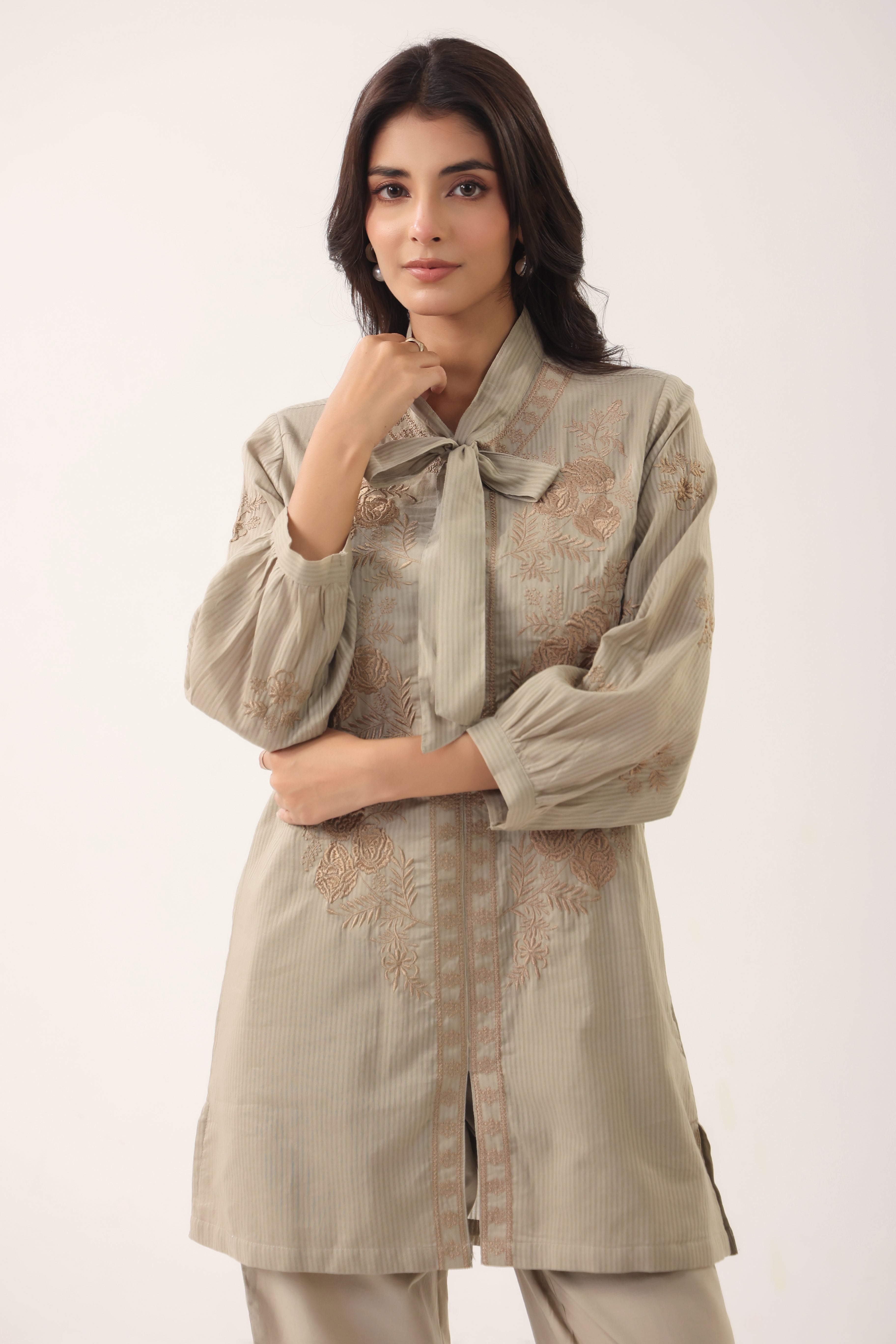 Women Grey Embroidered Bow Neck Shirt Style Co-ord Set