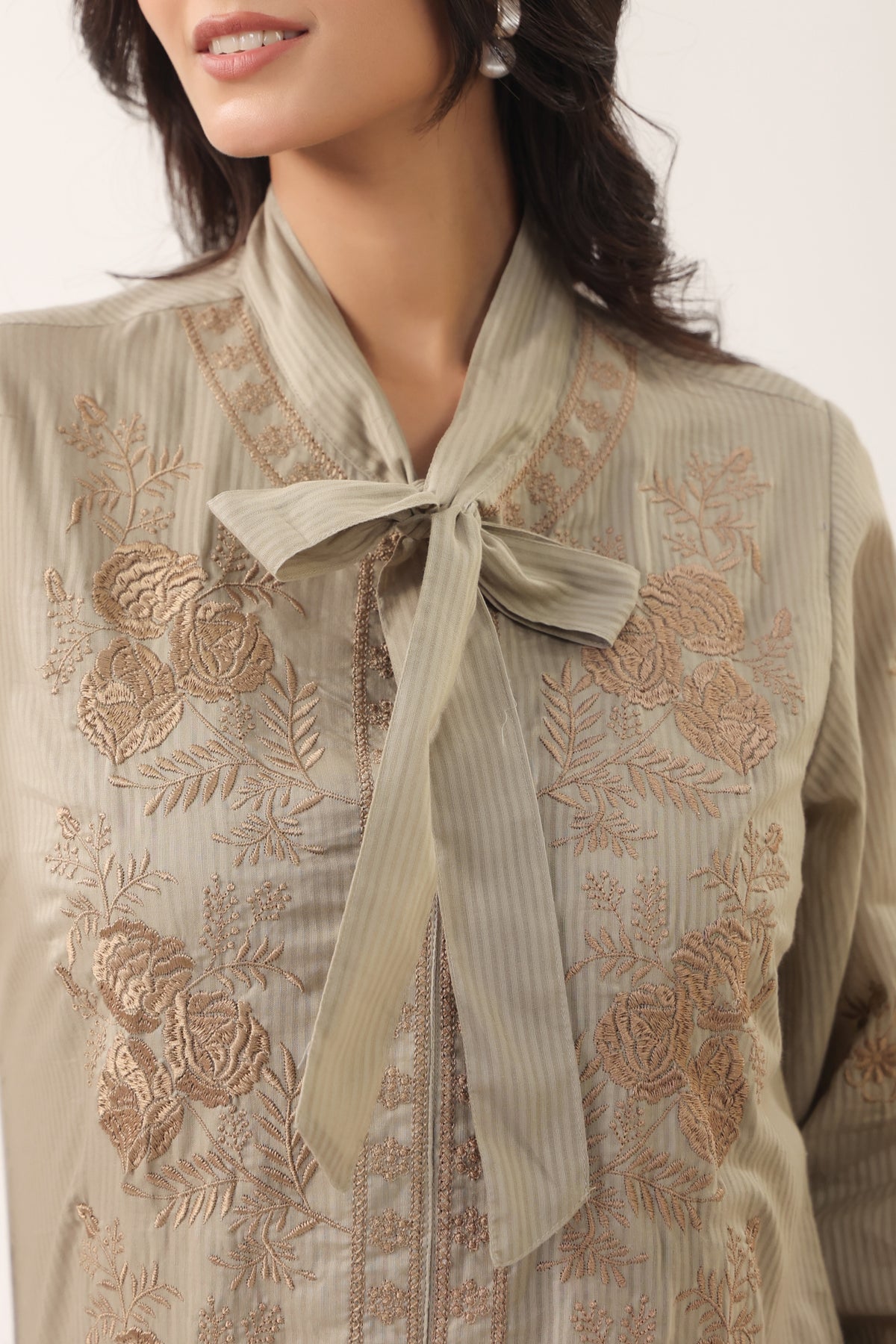 Women Grey Embroidered Bow Neck Shirt Style Co-ord Set