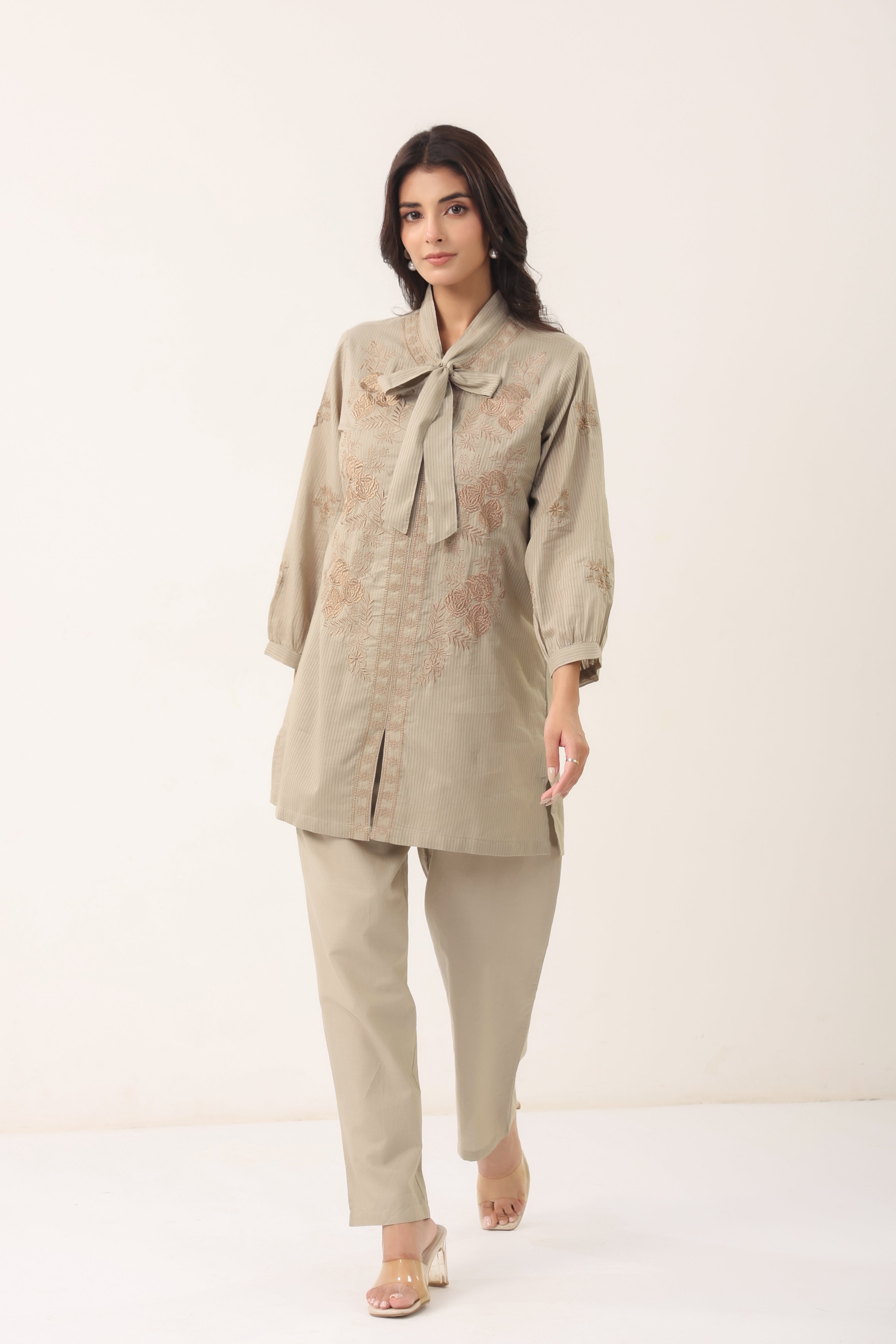 Women Grey Embroidered Bow Neck Shirt Style Co-ord Set