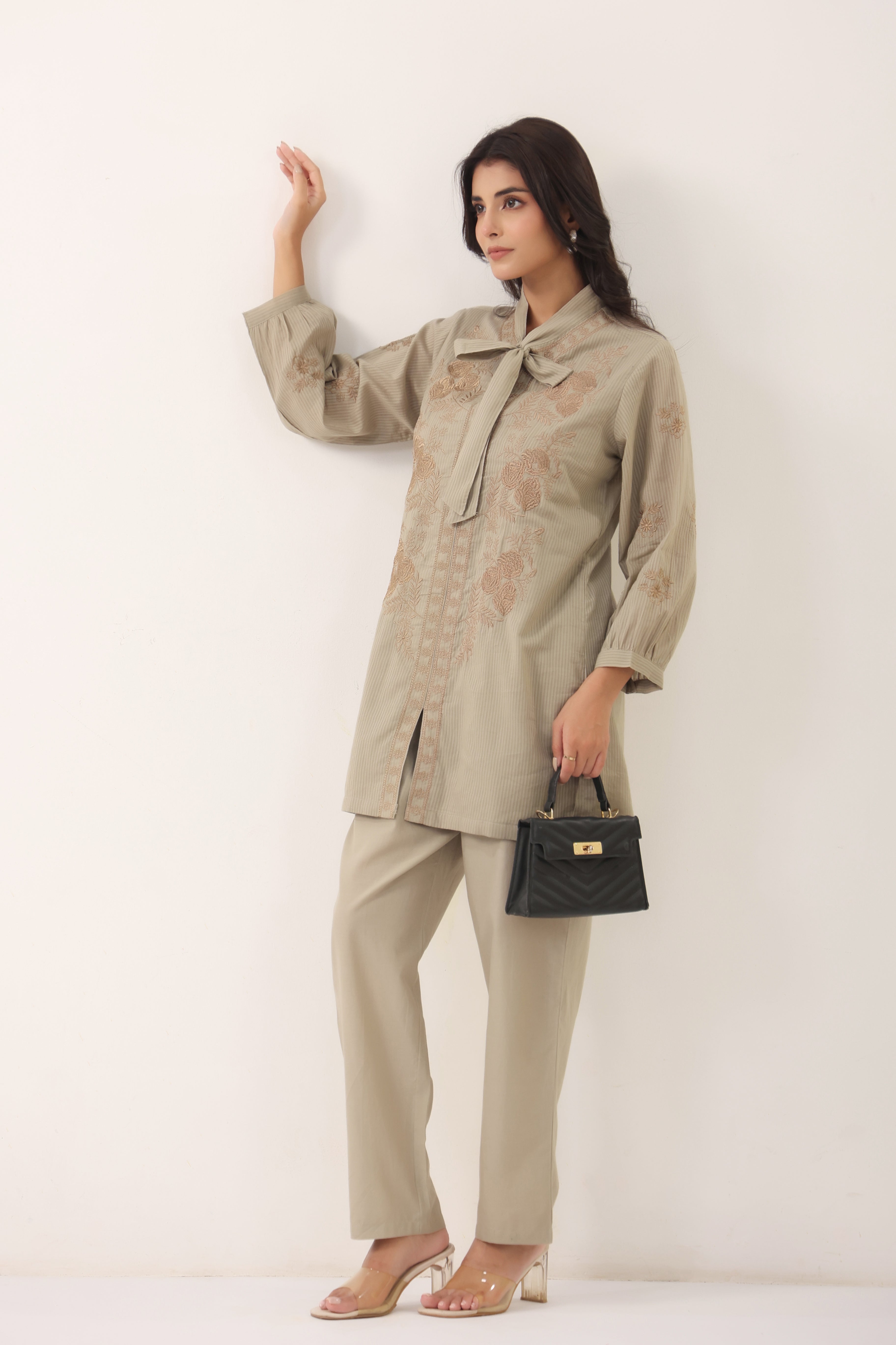 Women Grey Embroidered Bow Neck Shirt Style Co-ord Set