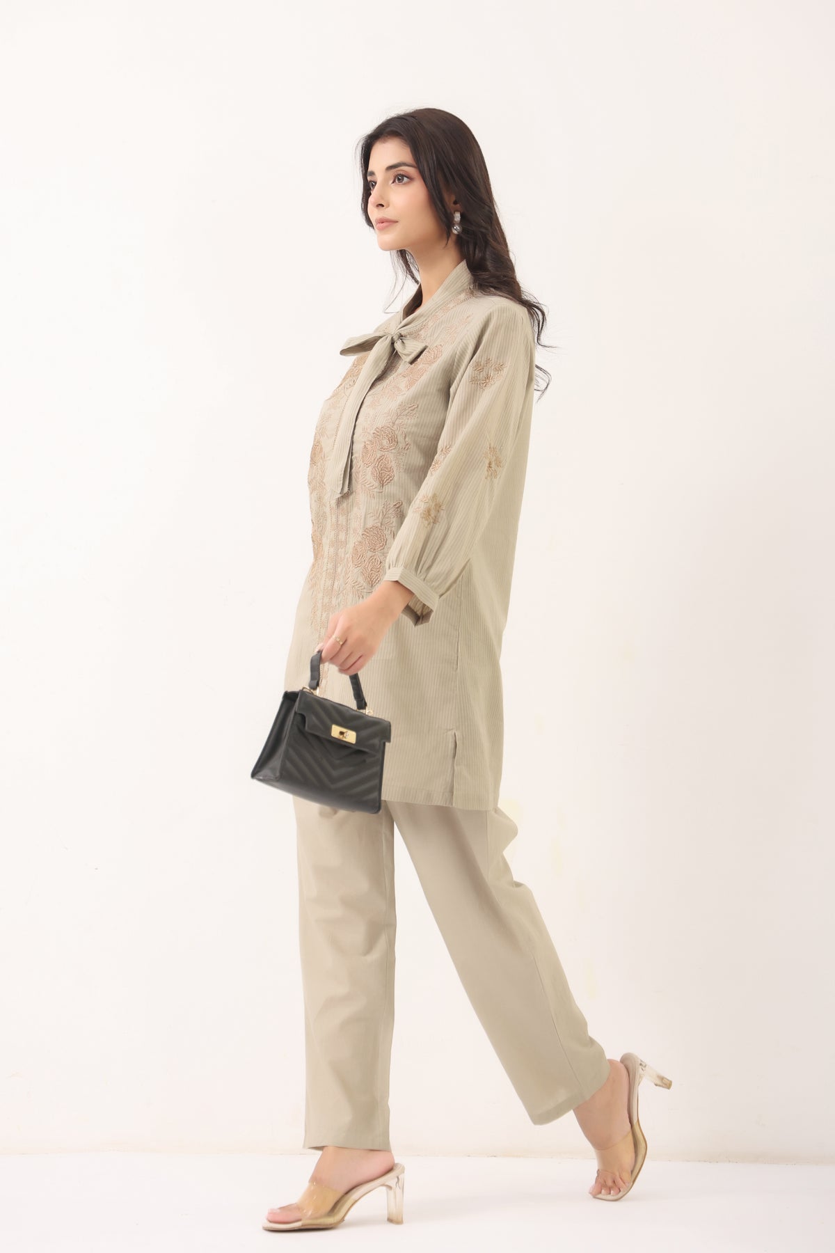 Women Grey Embroidered Bow Neck Shirt Style Co-ord Set