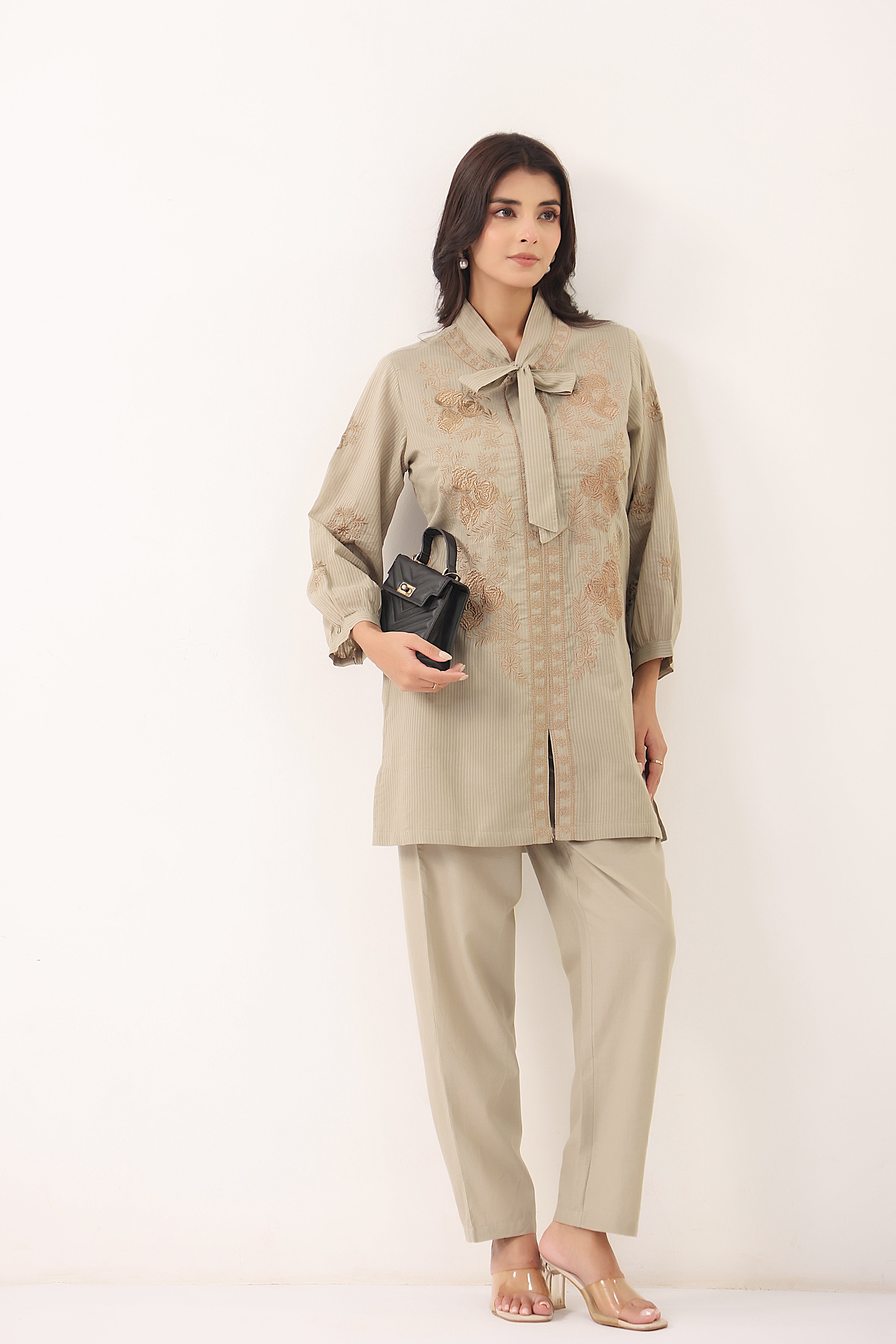 Women Grey Embroidered Bow Neck Shirt Style Co-ord Set