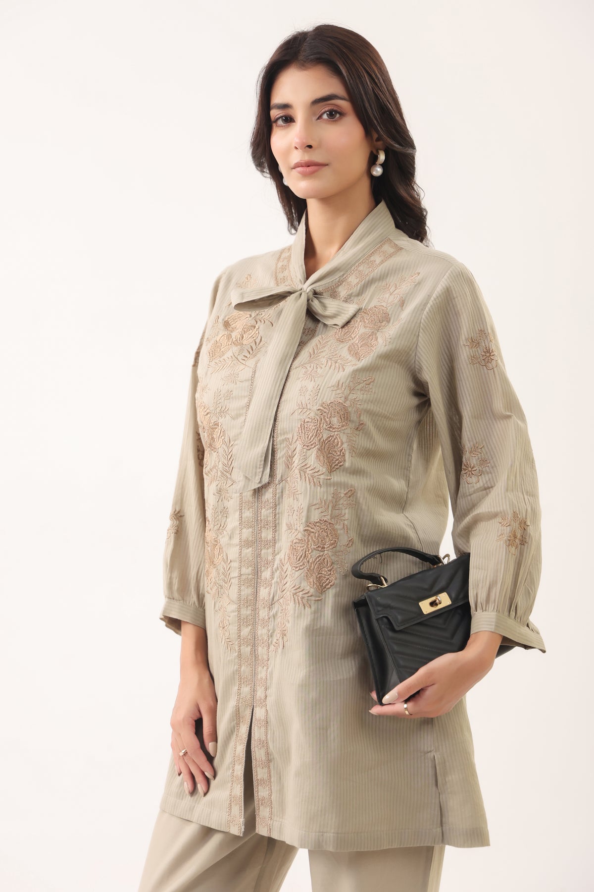 Women Grey Embroidered Bow Neck Shirt Style Co-ord Set