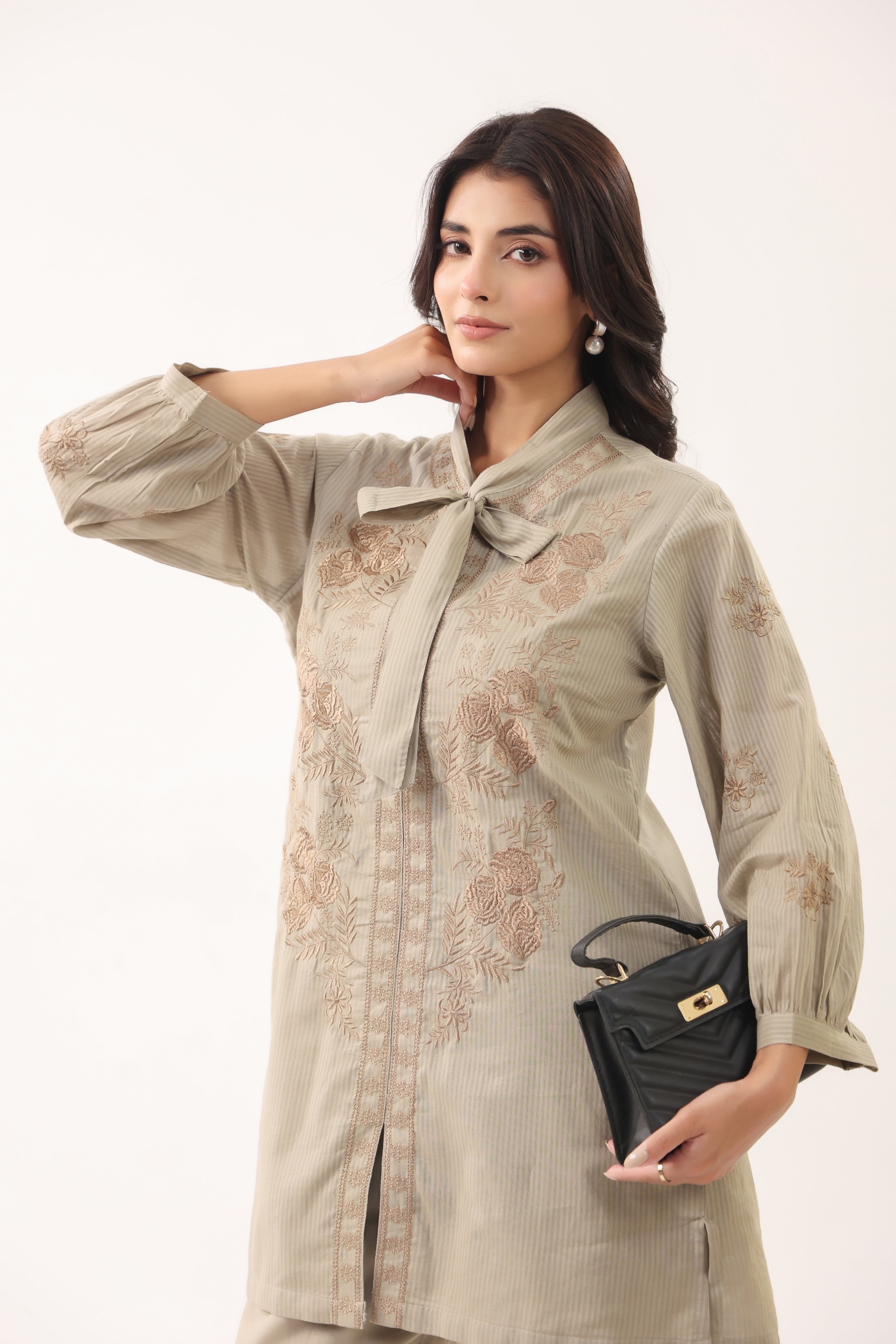 Women Grey Embroidered Bow Neck Shirt Style Co-ord Set