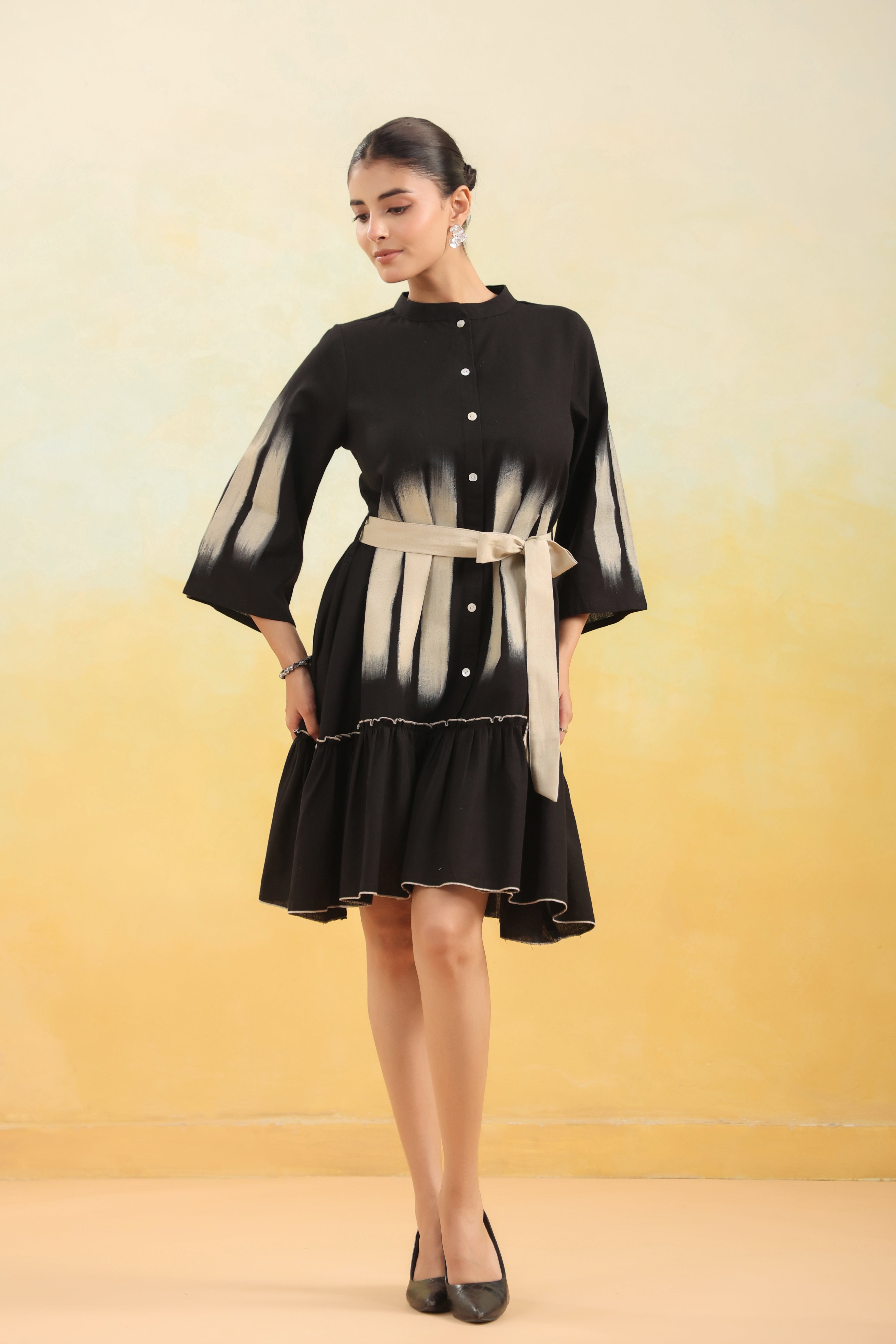 Women Black Abstract Printed Flared Shirt Dress with Waist Belt