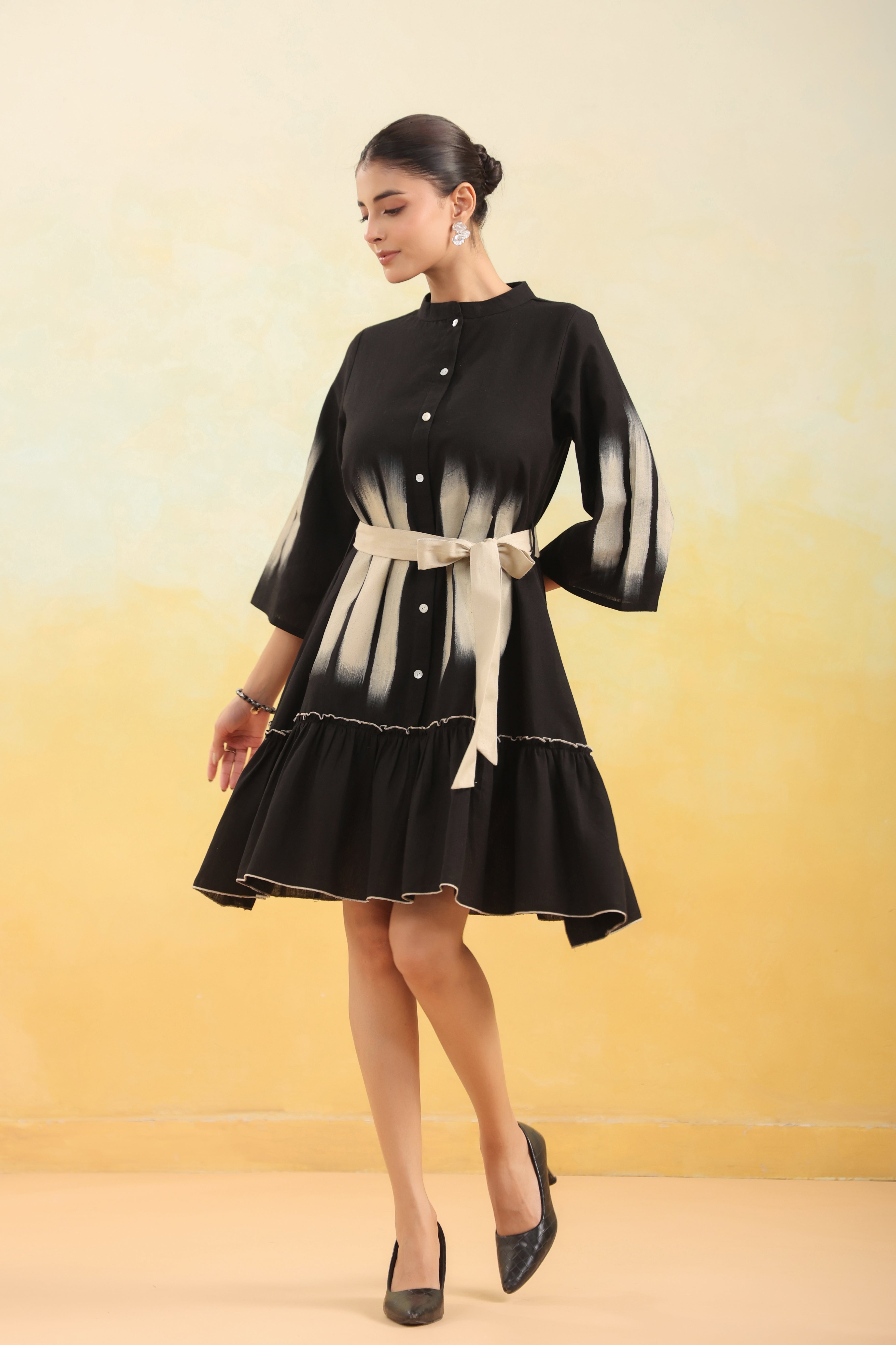 Women Black Abstract Printed Flared Shirt Dress with Waist Belt