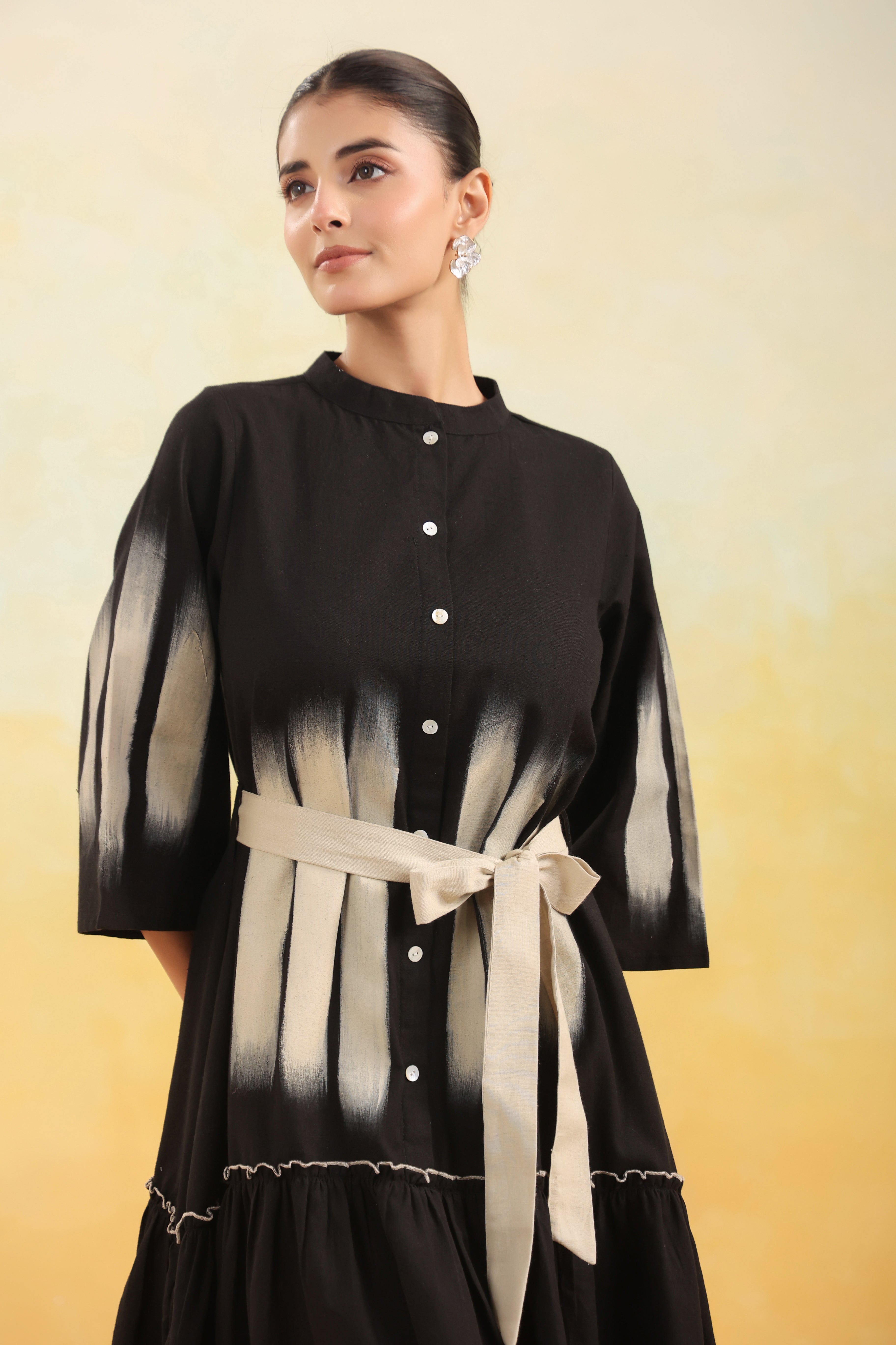Women Black Abstract Printed Flared Shirt Dress with Waist Belt