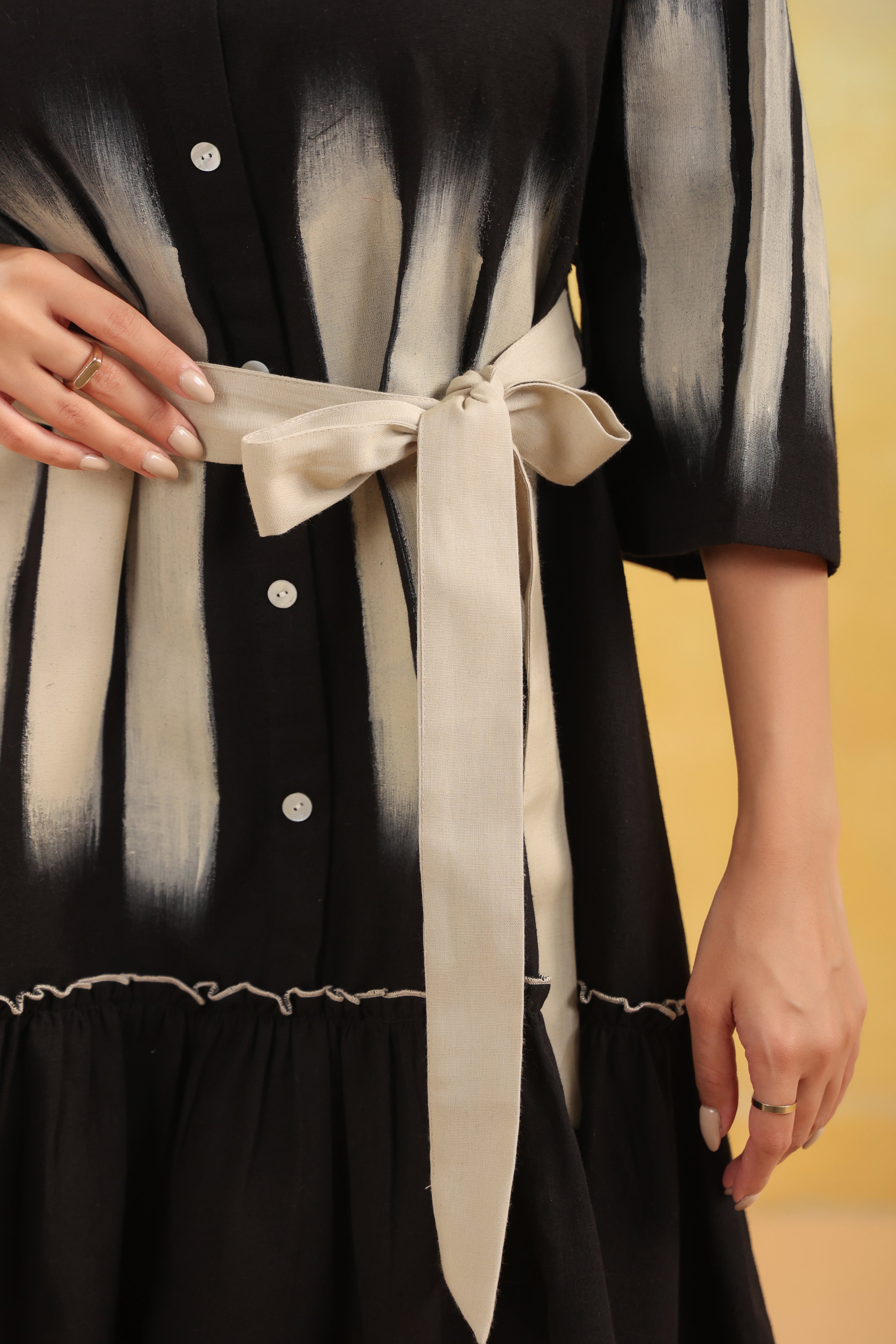 Women Black Abstract Printed Flared Shirt Dress with Waist Belt