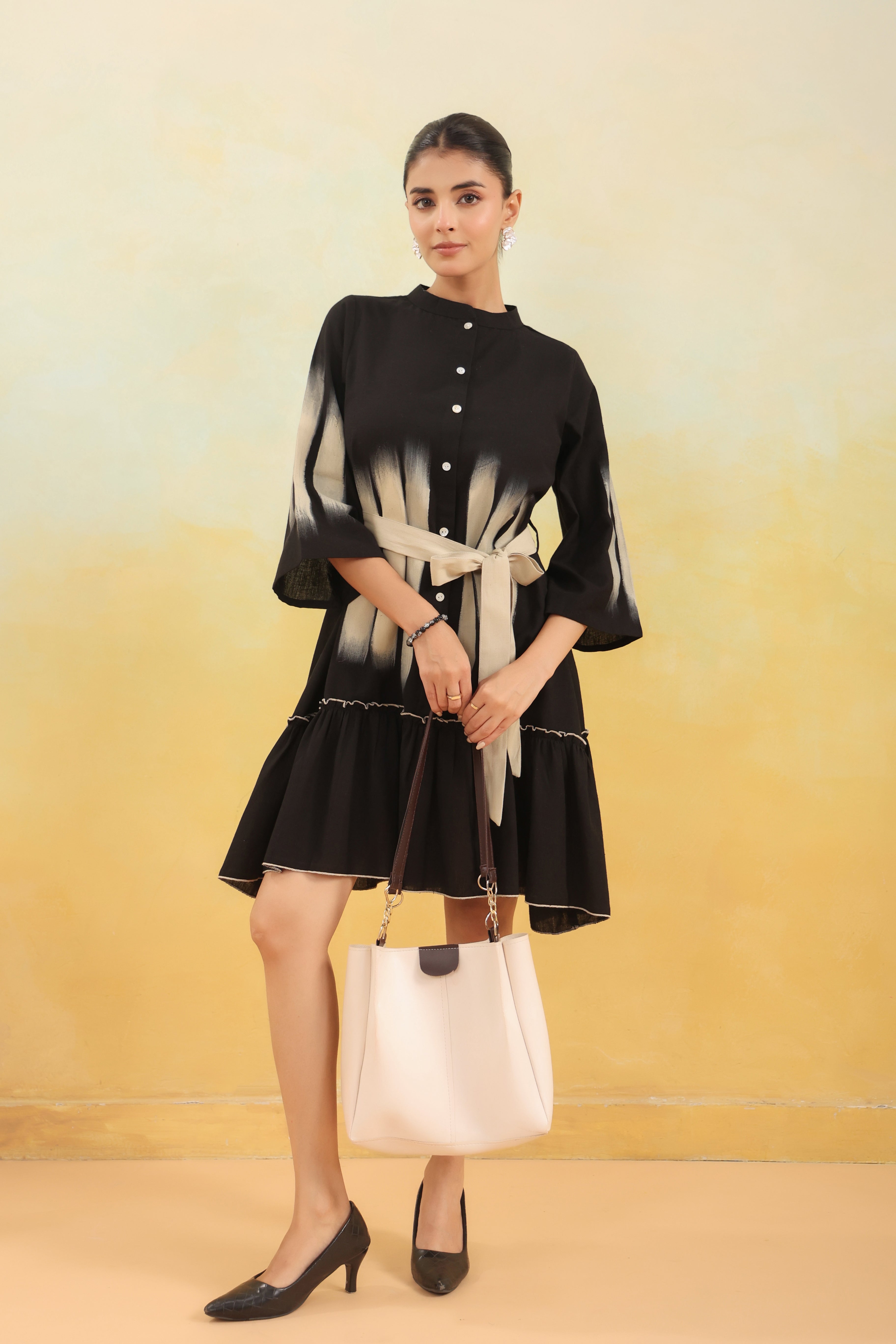 Women Black Abstract Printed Flared Shirt Dress with Waist Belt
