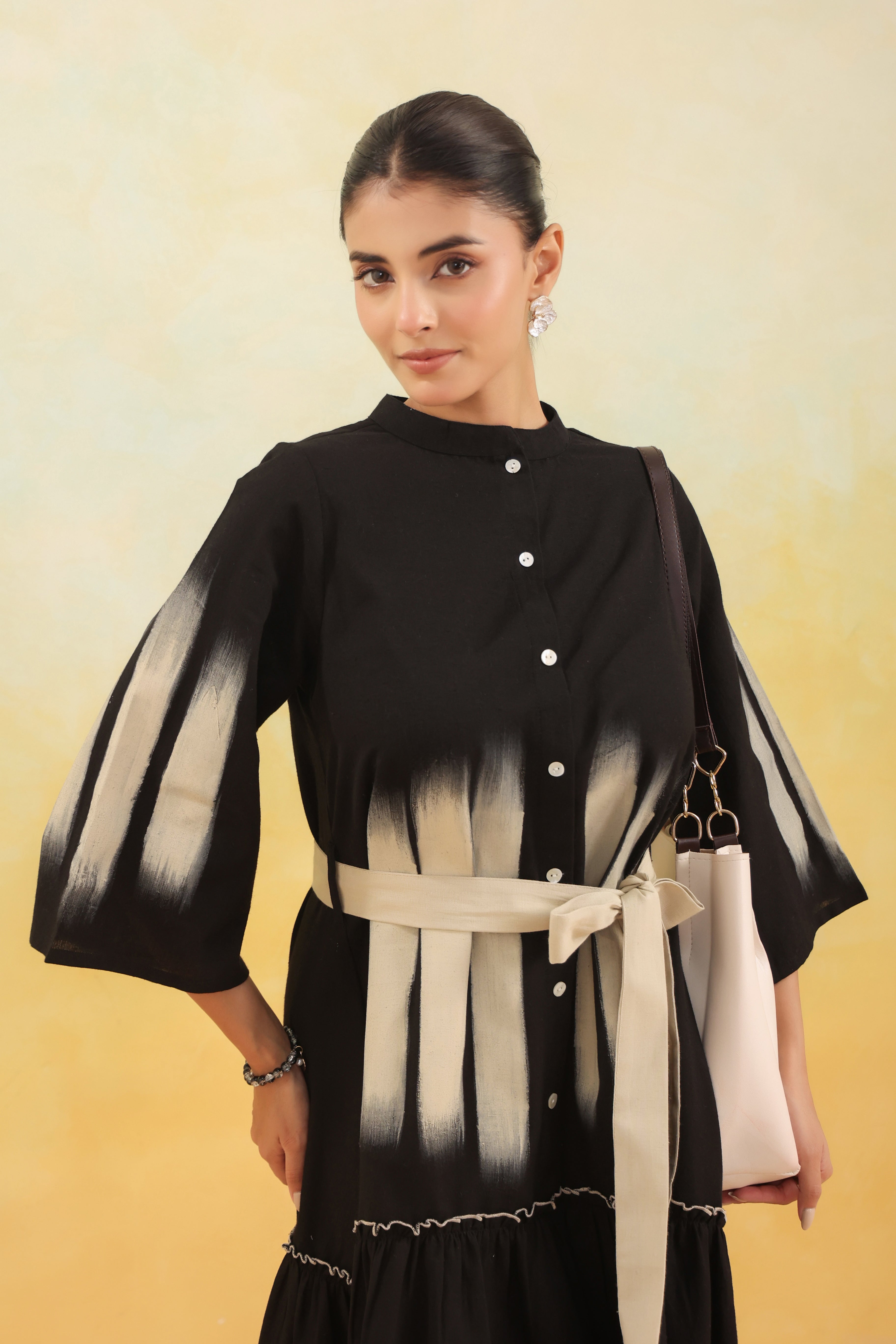 Women Black Abstract Printed Flared Shirt Dress with Waist Belt