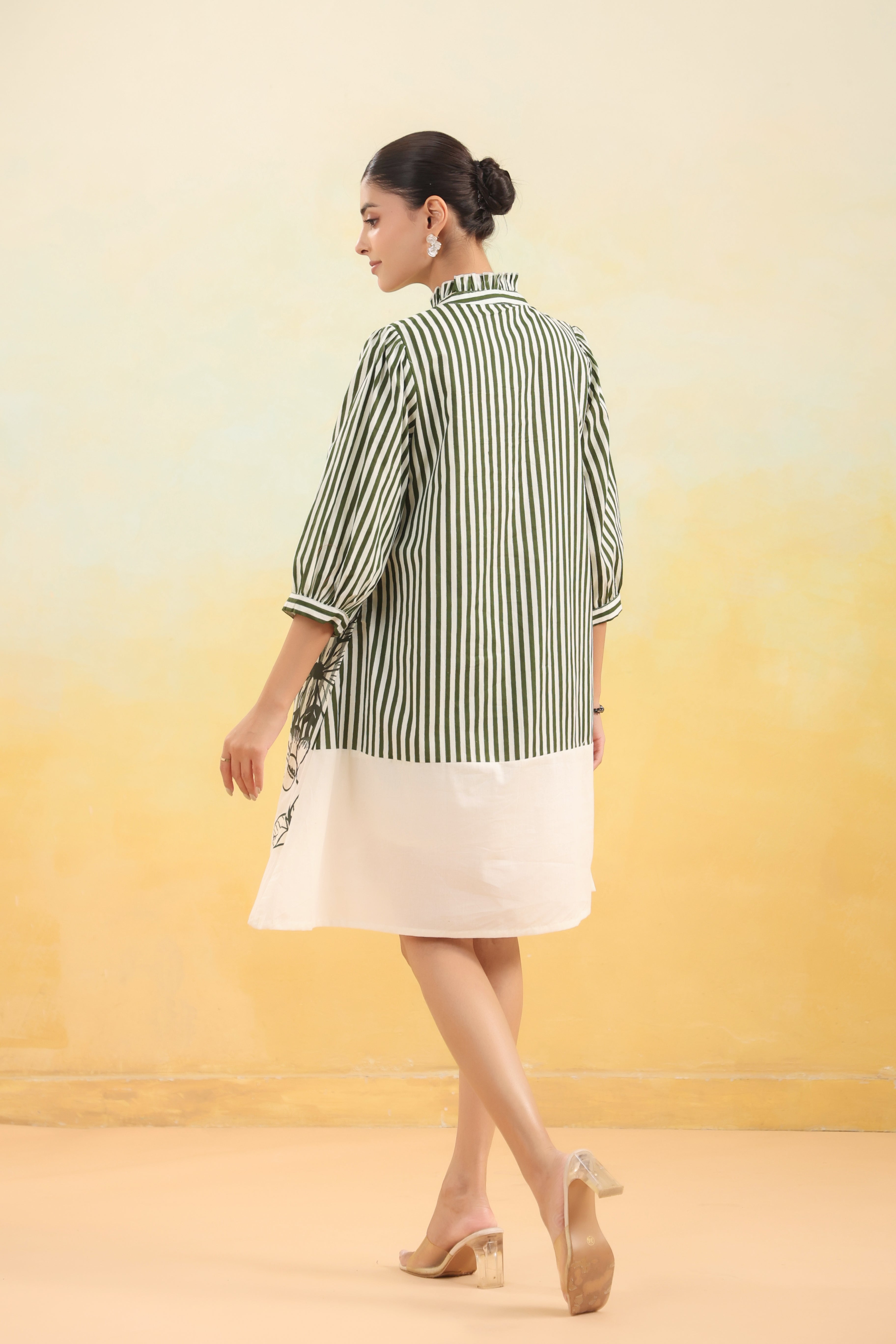 Women Green and White Striped Floral Printed Flared Dress