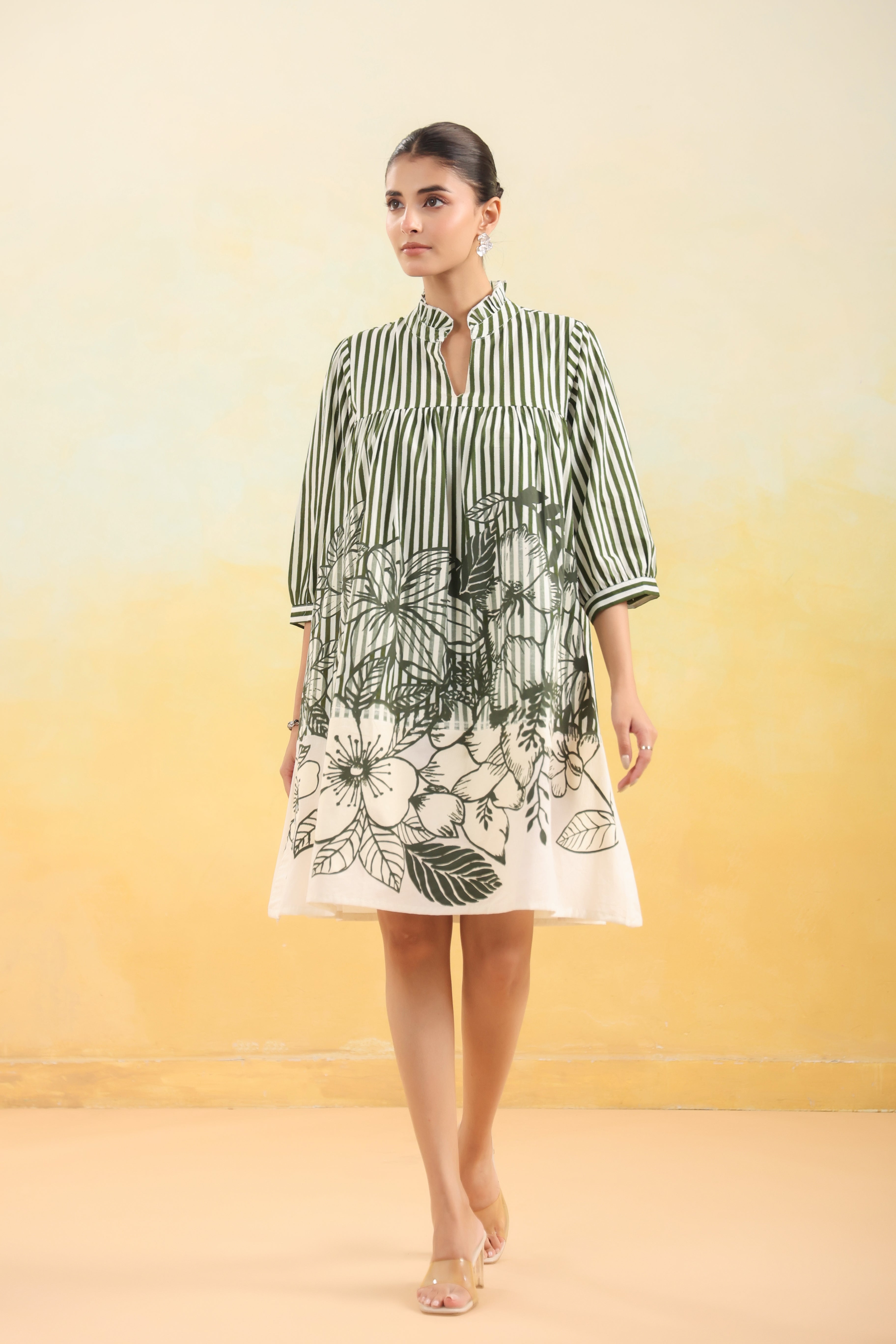 Women Green and White Striped Floral Printed Flared Dress