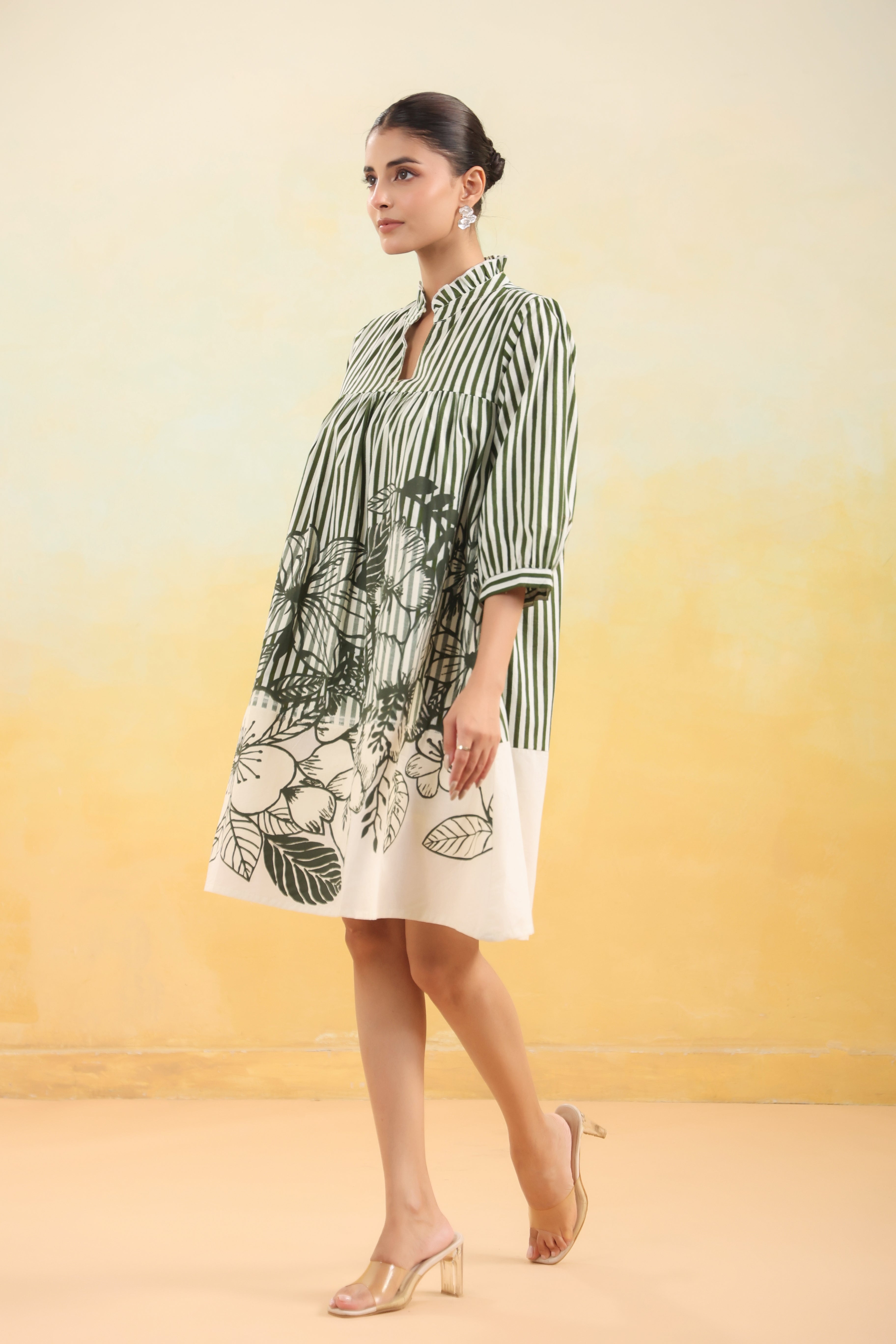Women Green and White Striped Floral Printed Flared Dress