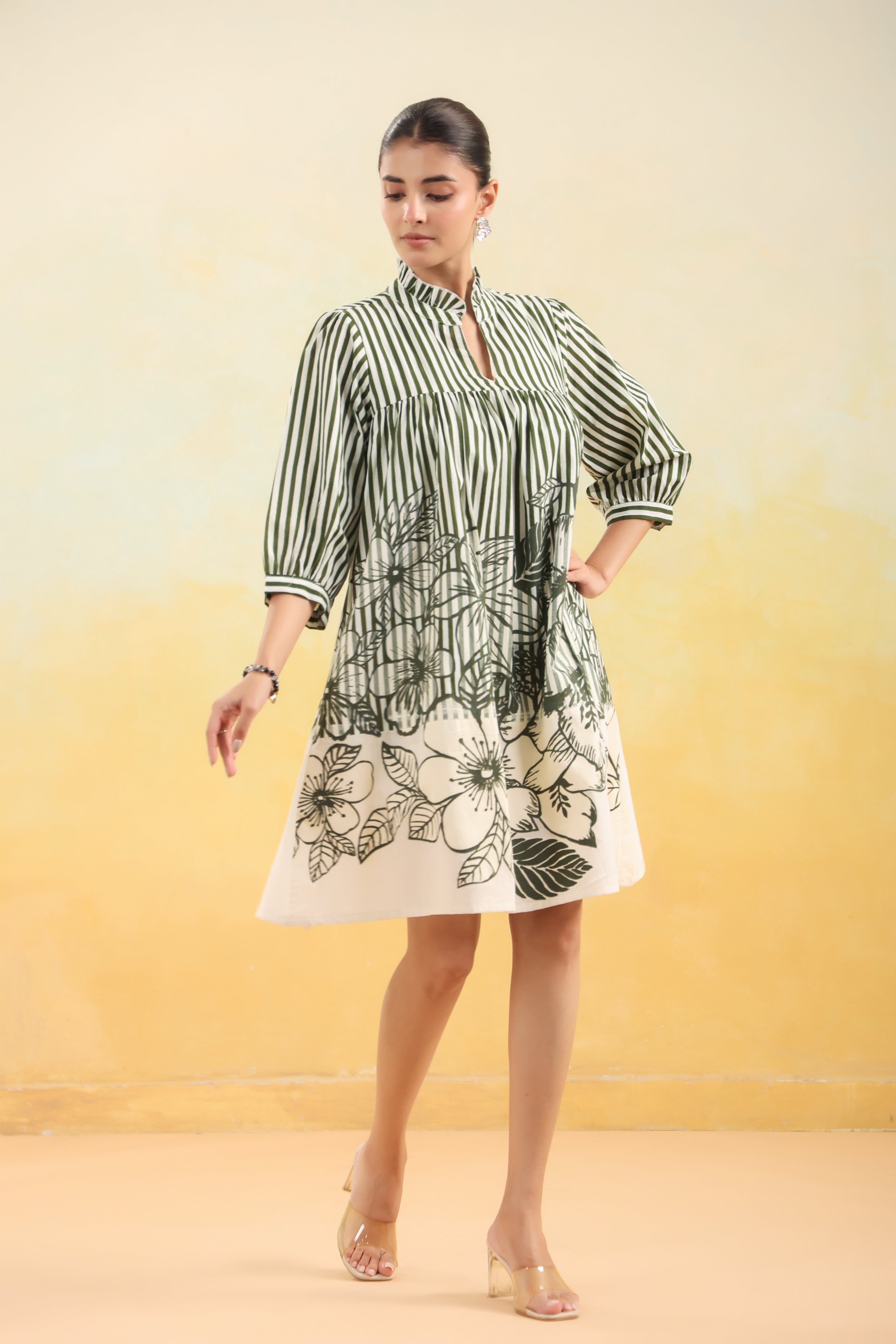 Women Green and White Striped Floral Printed Flared Dress