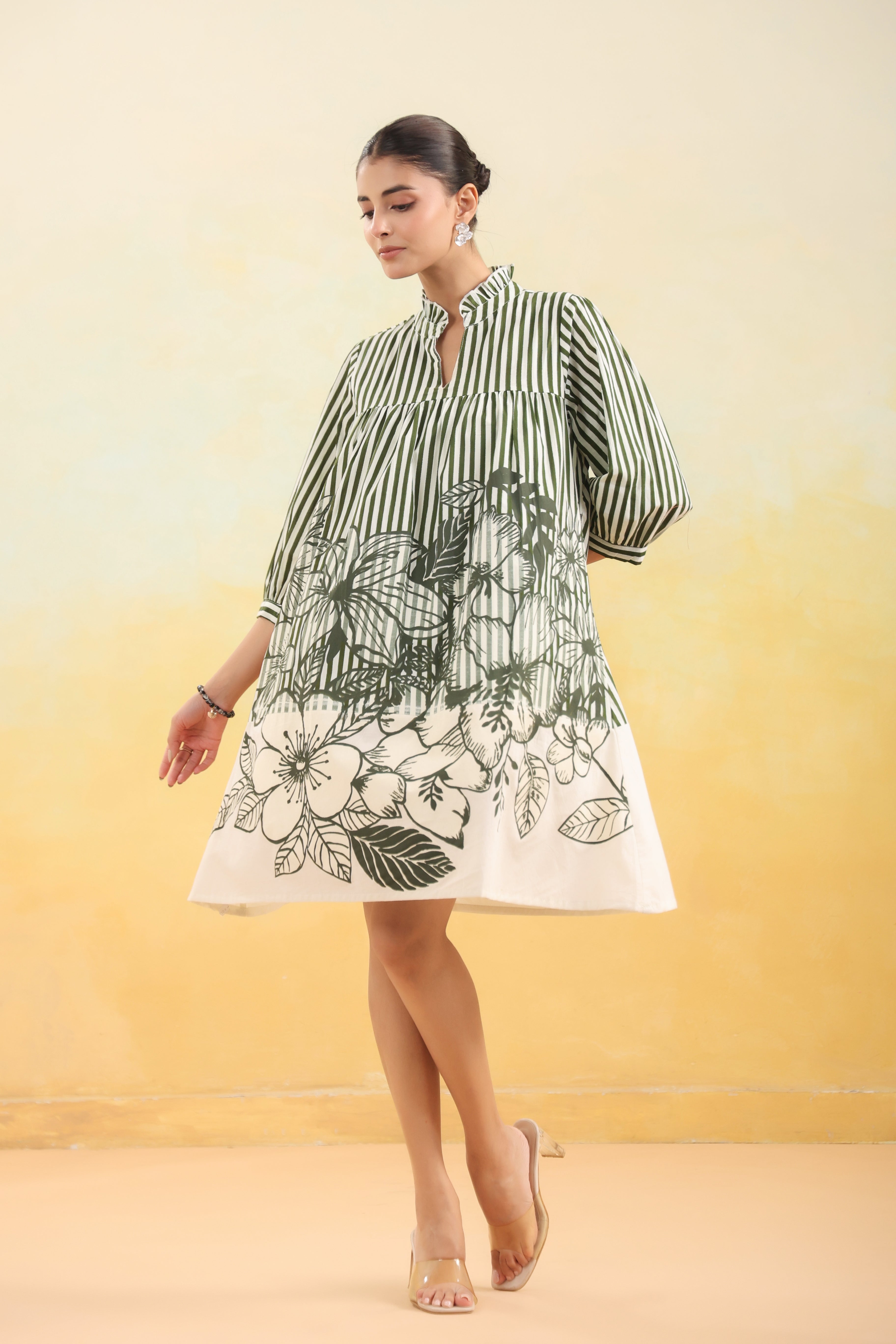 Women Green and White Striped Floral Printed Flared Dress