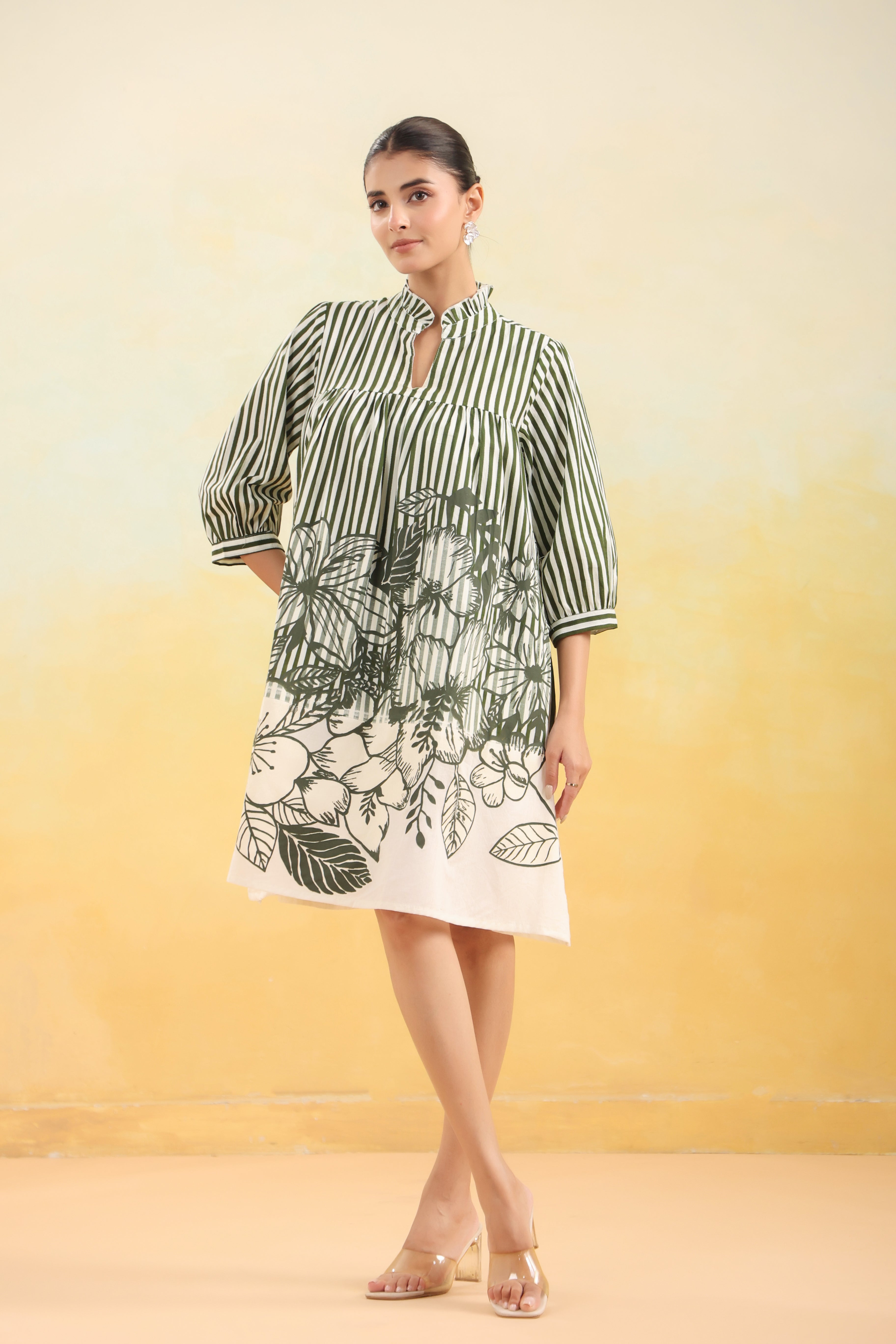 Women Green and White Striped Floral Printed Flared Dress
