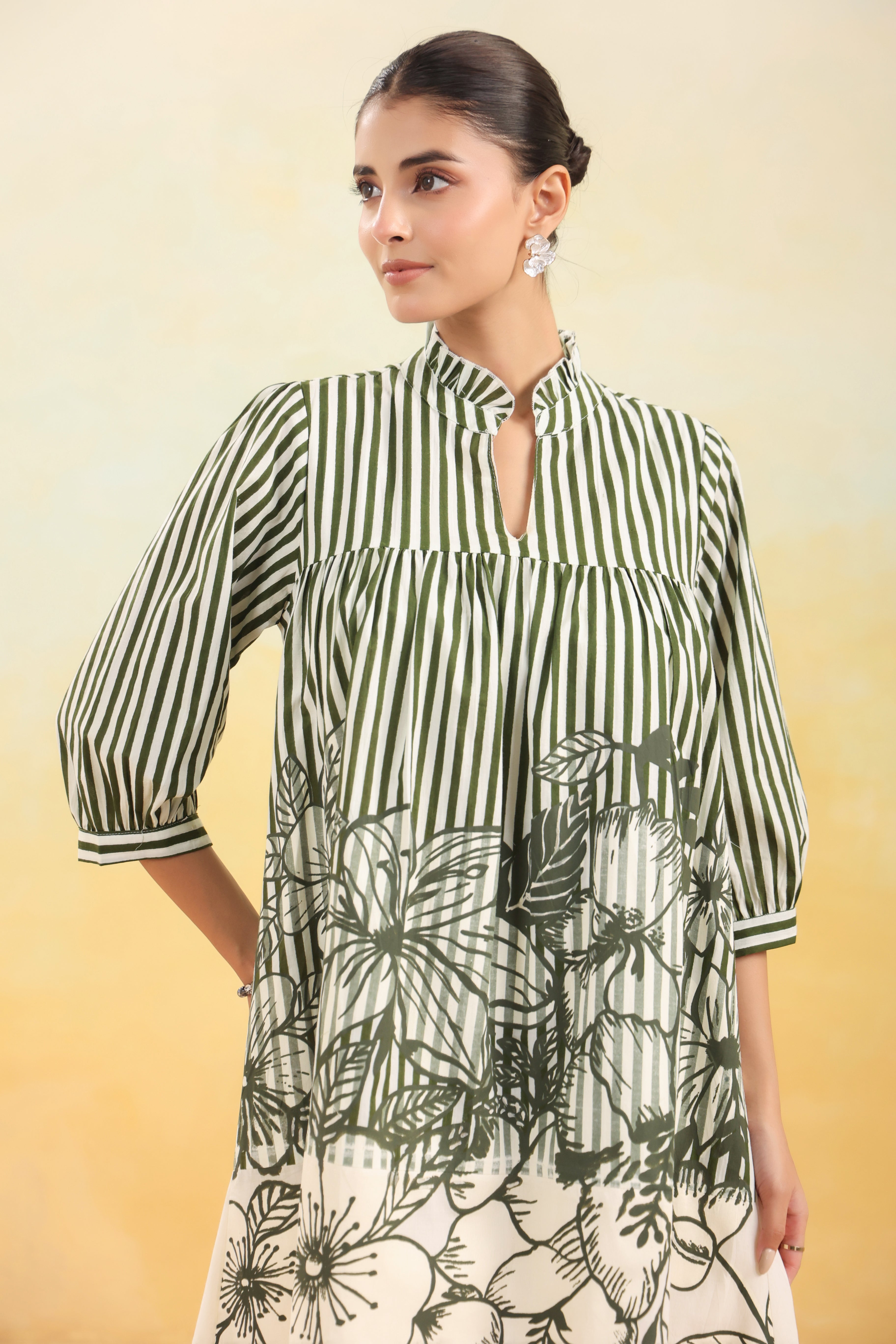 Women Green and White Striped Floral Printed Flared Dress