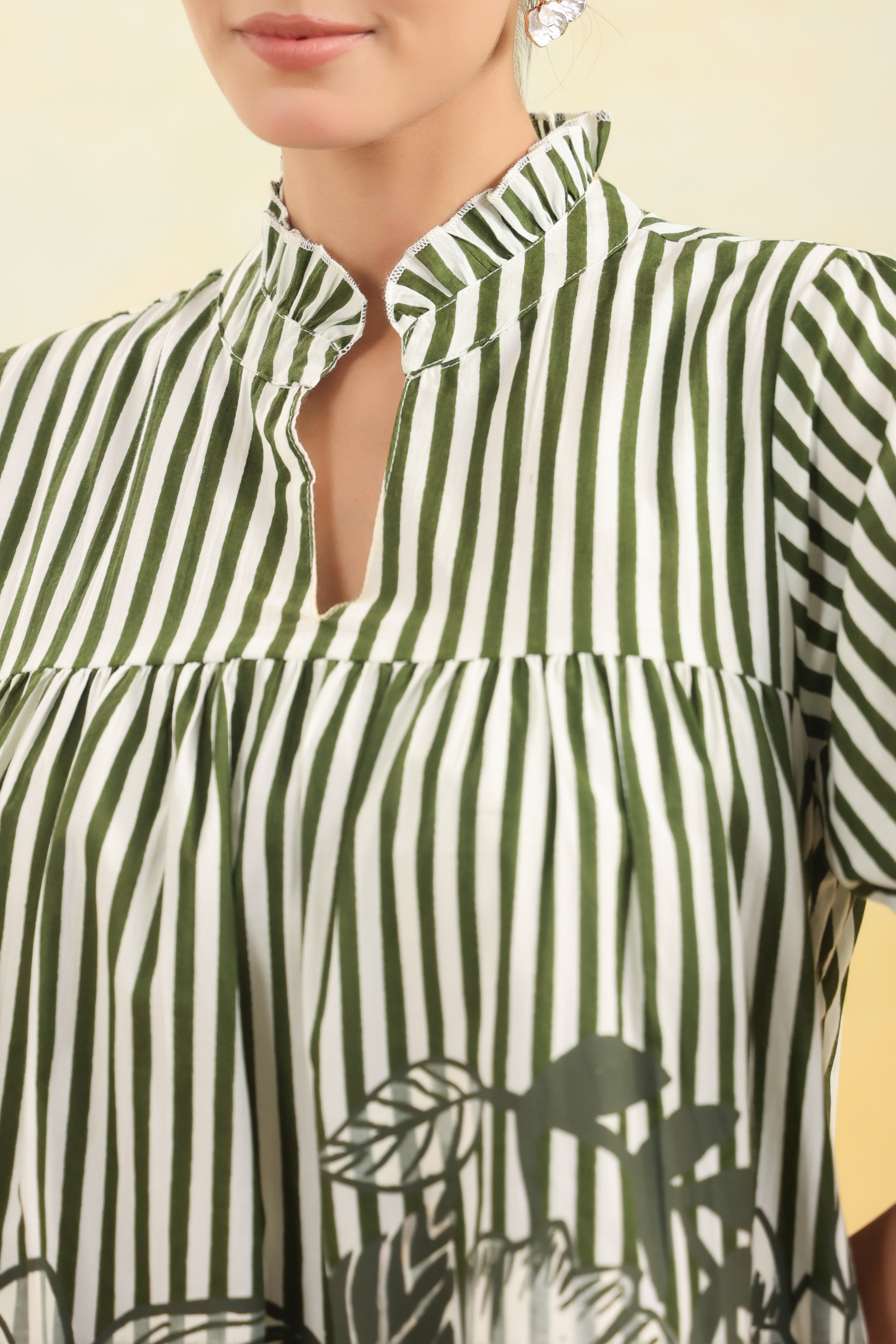 Women Green and White Striped Floral Printed Flared Dress