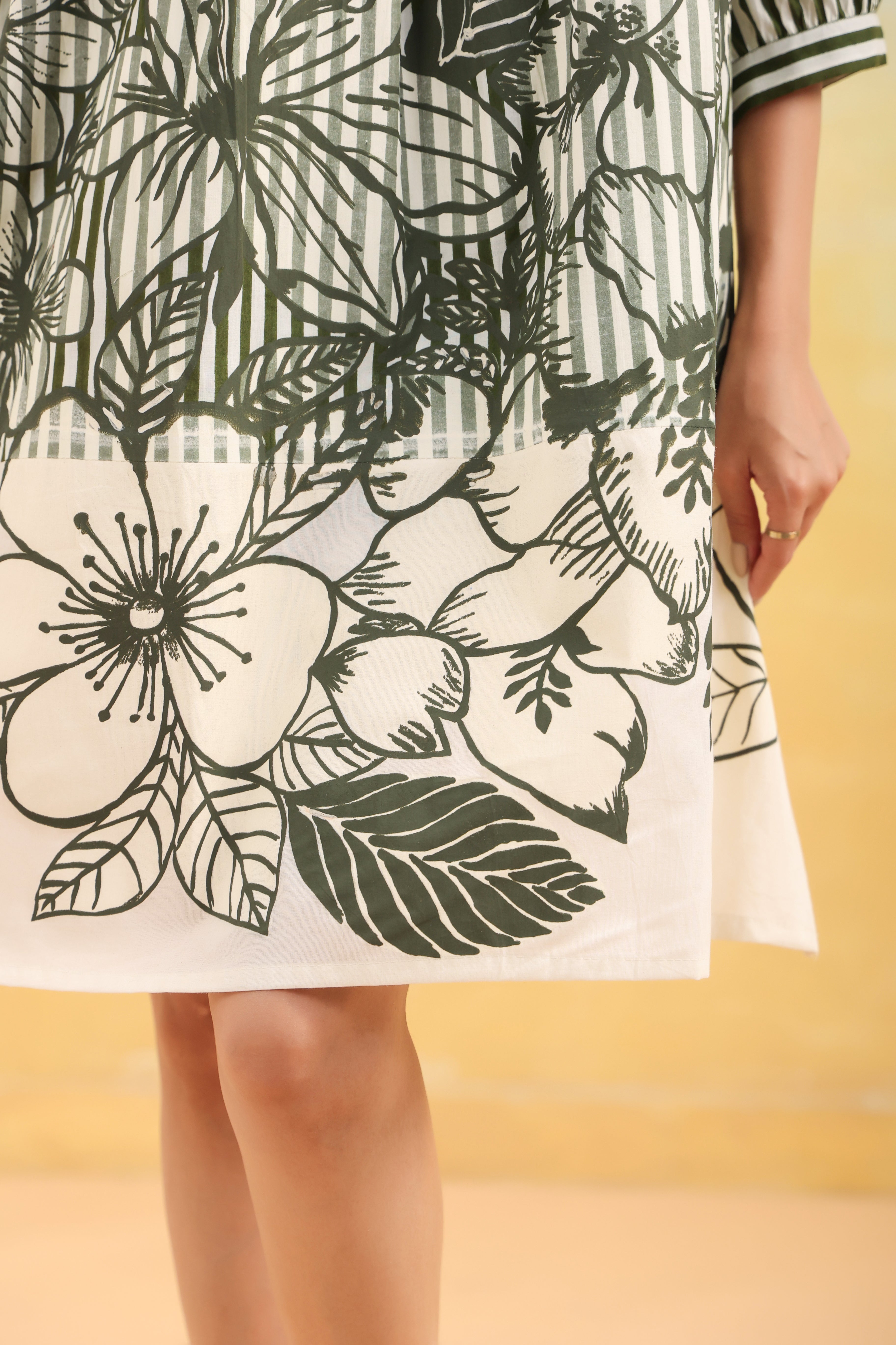 Women Green and White Striped Floral Printed Flared Dress