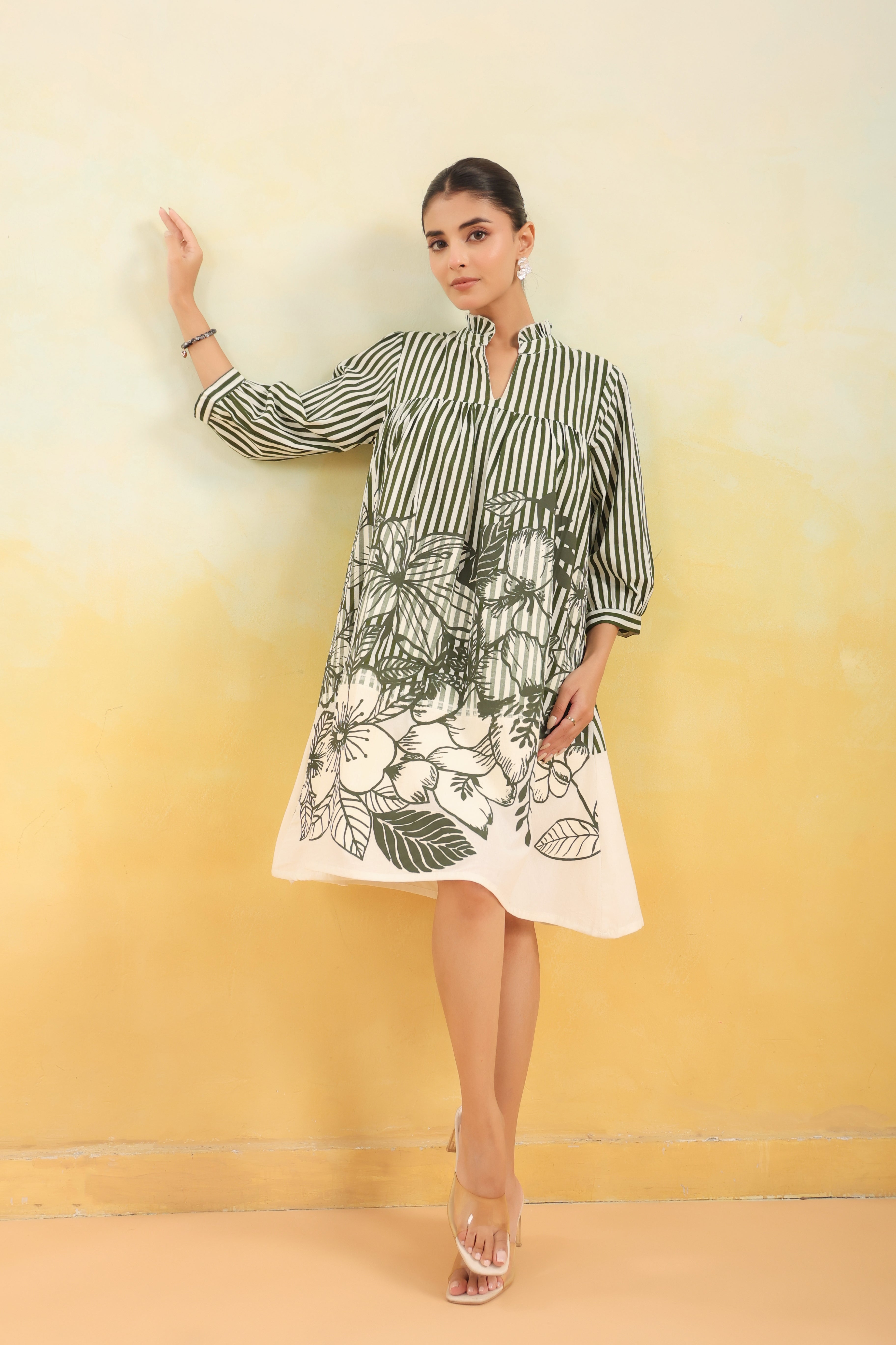 Women Green and White Striped Floral Printed Flared Dress