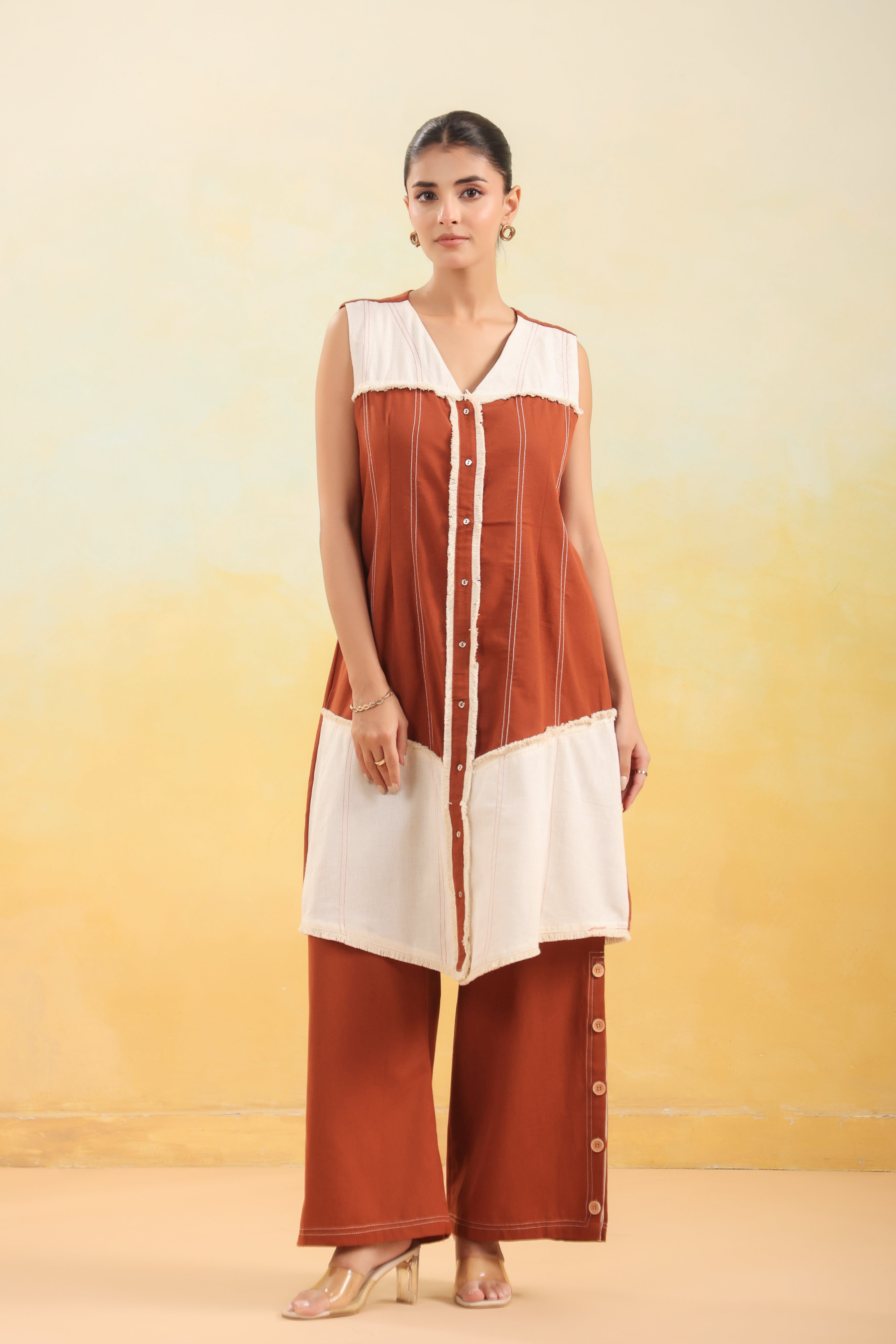 Women Rust Brown & White Colorblock Sleeveless Co-ord Set