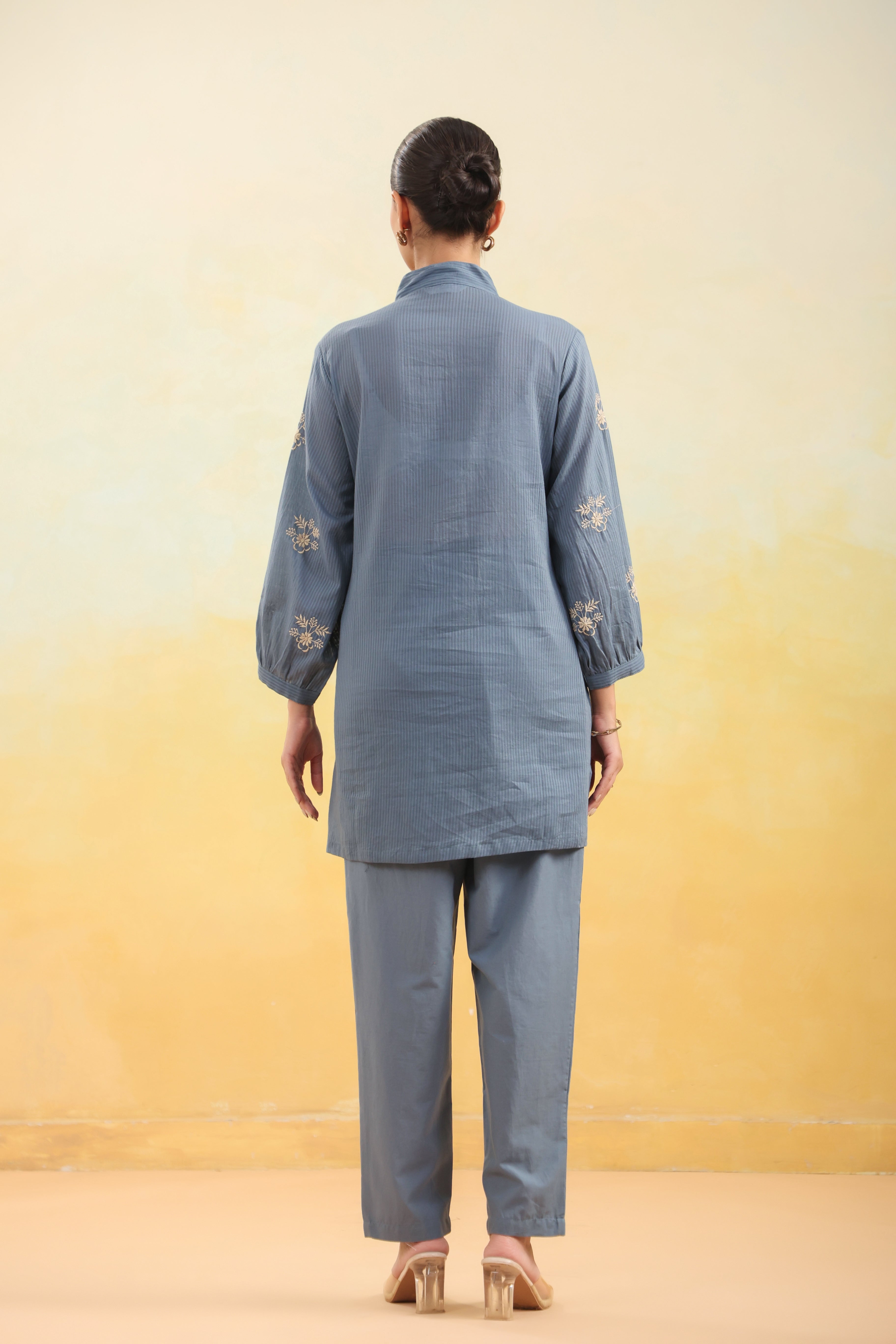 Women Blue Floral Embroidered Shirt Collar Co-ord Set