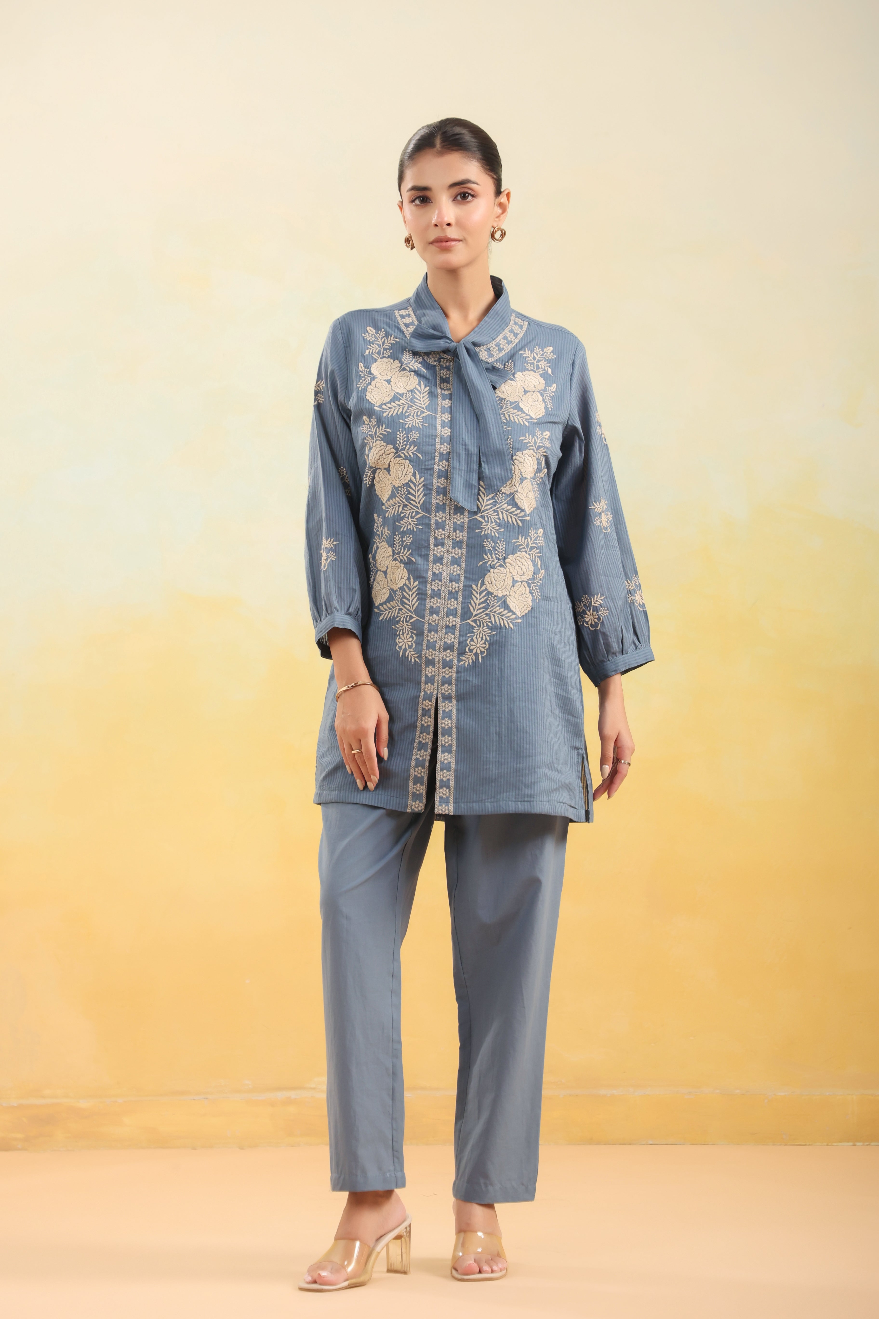Women Blue Floral Embroidered Shirt Collar Co-ord Set