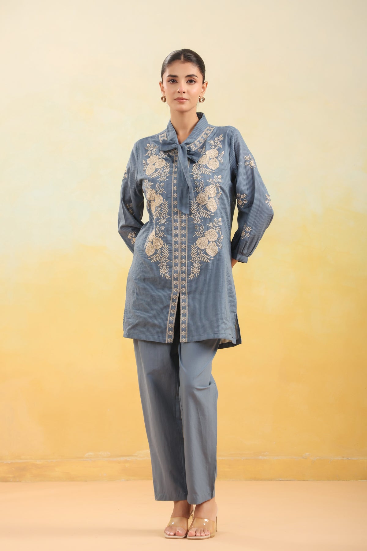 Women Blue Floral Embroidered Shirt Collar Co-ord Set