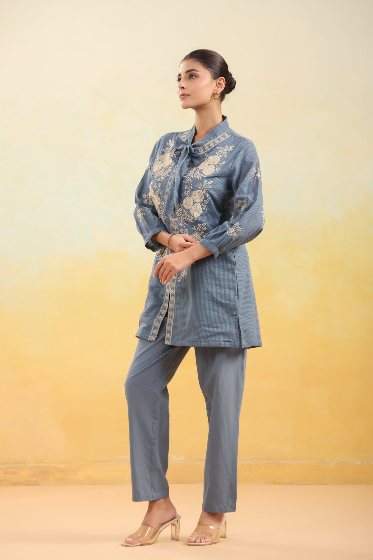 Women Blue Floral Embroidered Shirt Collar Co-ord Set