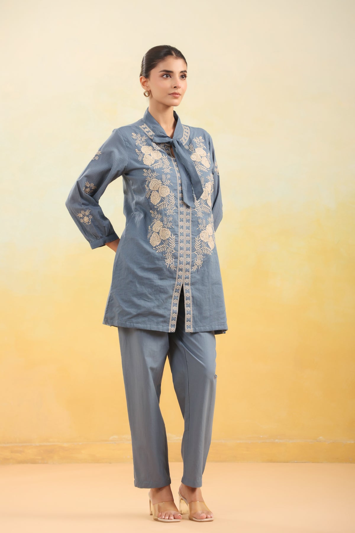 Women Blue Floral Embroidered Shirt Collar Co-ord Set
