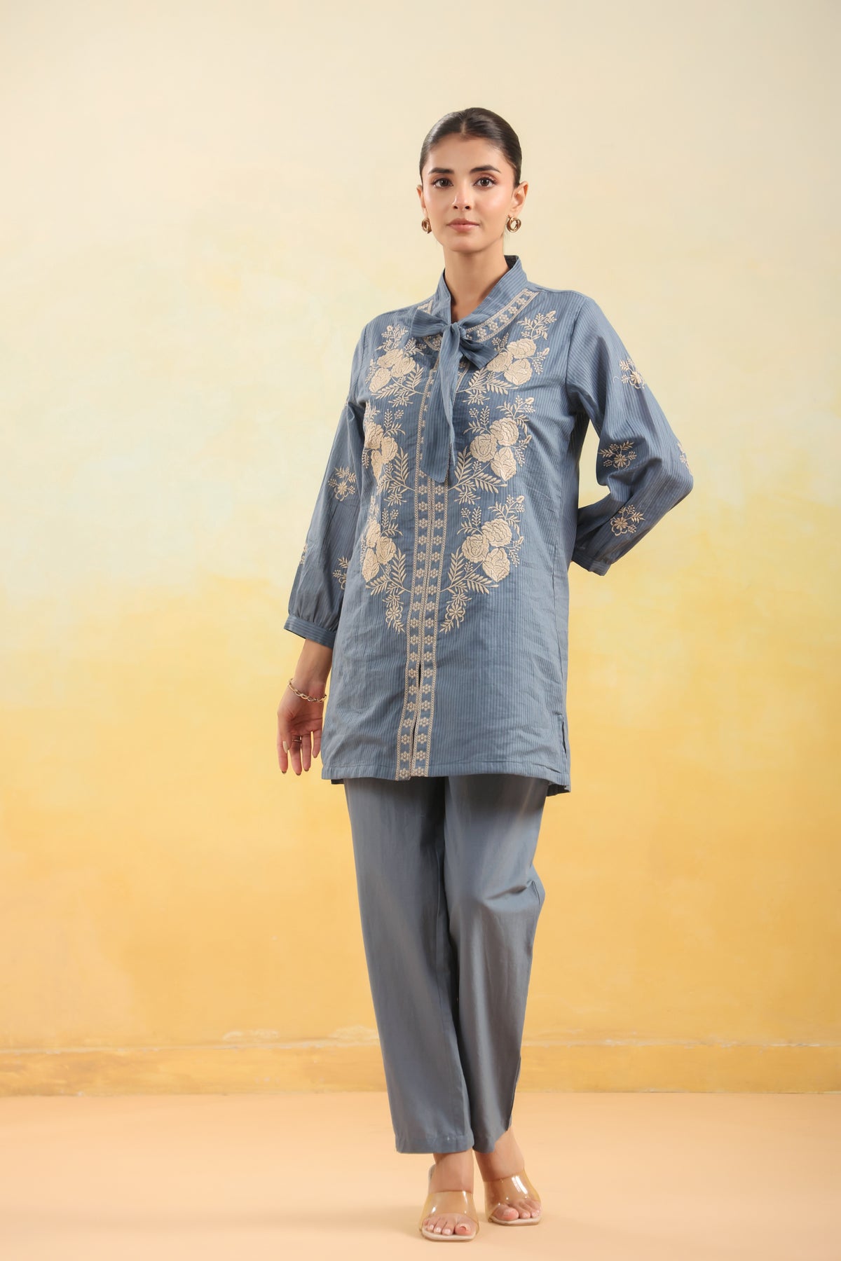 Women Blue Floral Embroidered Shirt Collar Co-ord Set