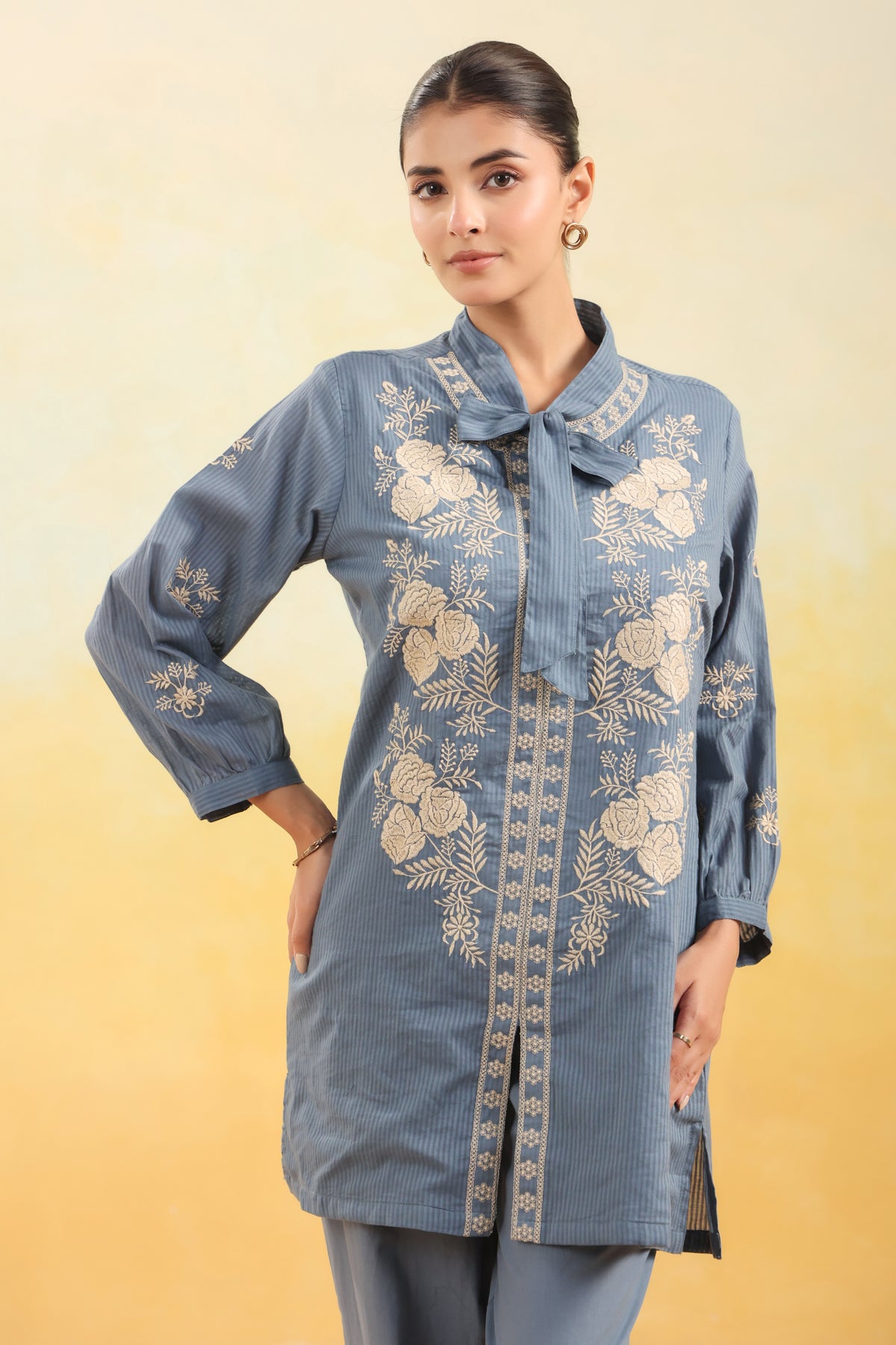 Women Blue Floral Embroidered Shirt Collar Co-ord Set