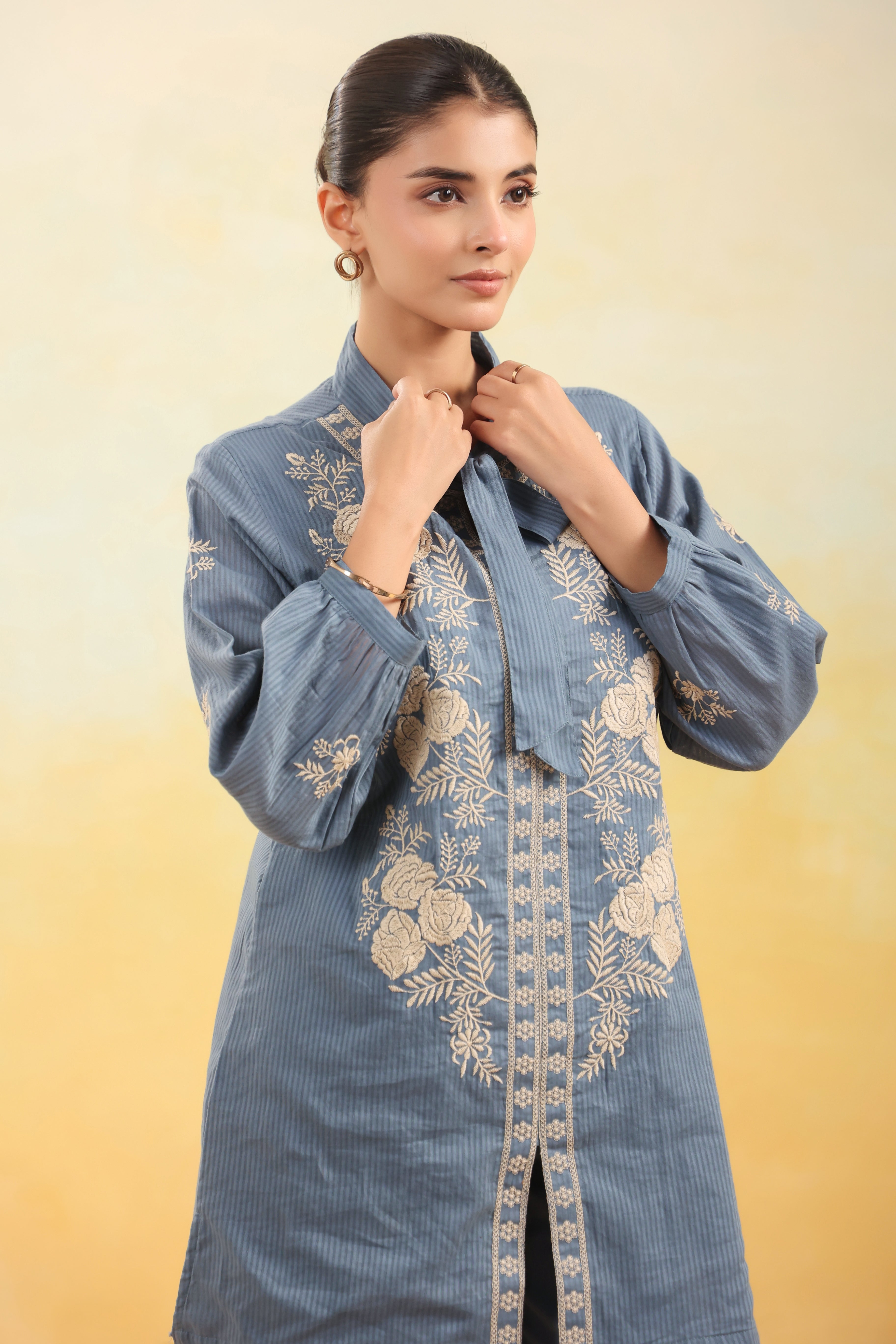 Women Blue Floral Embroidered Shirt Collar Co-ord Set