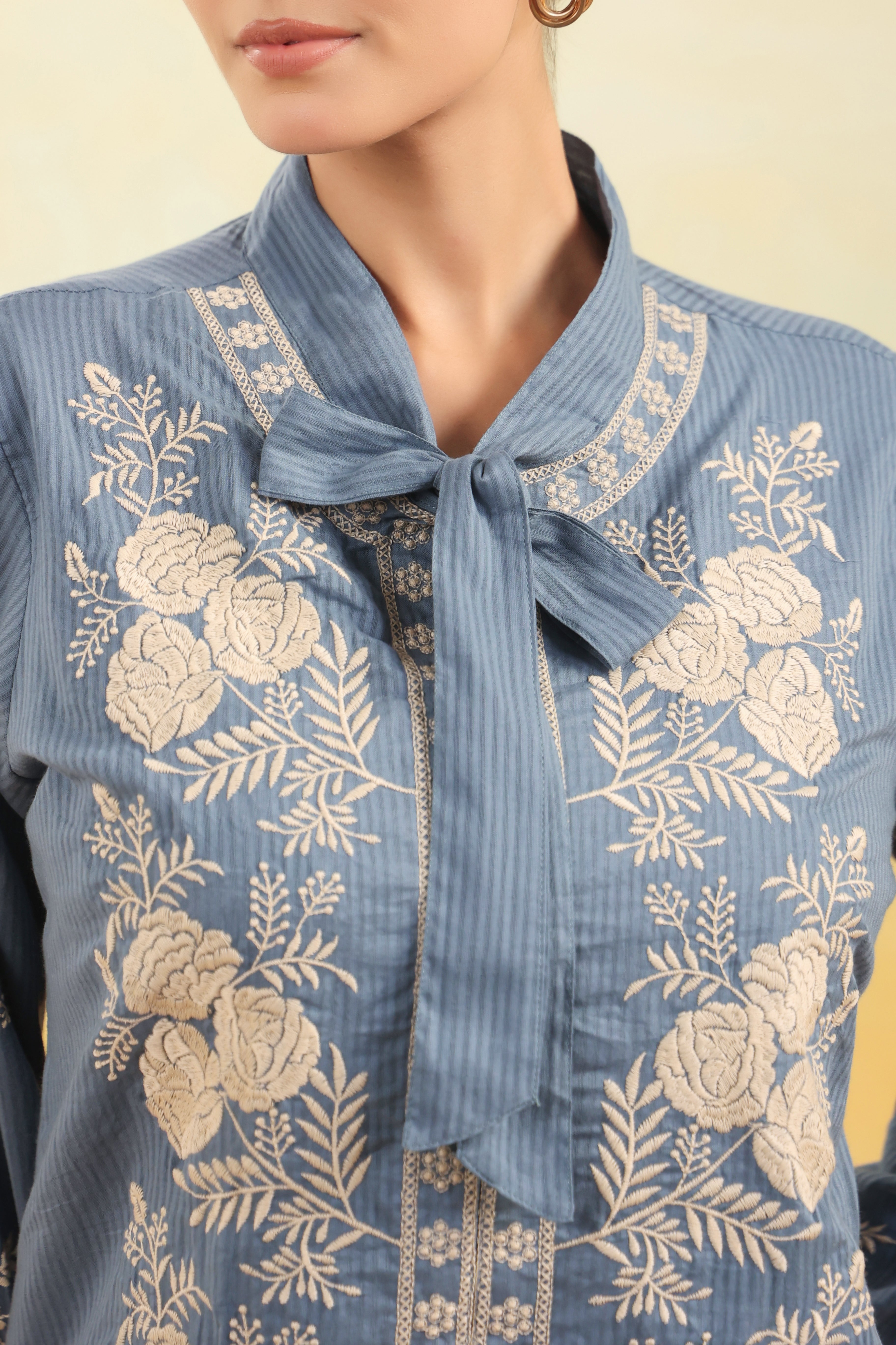 Women Blue Floral Embroidered Shirt Collar Co-ord Set