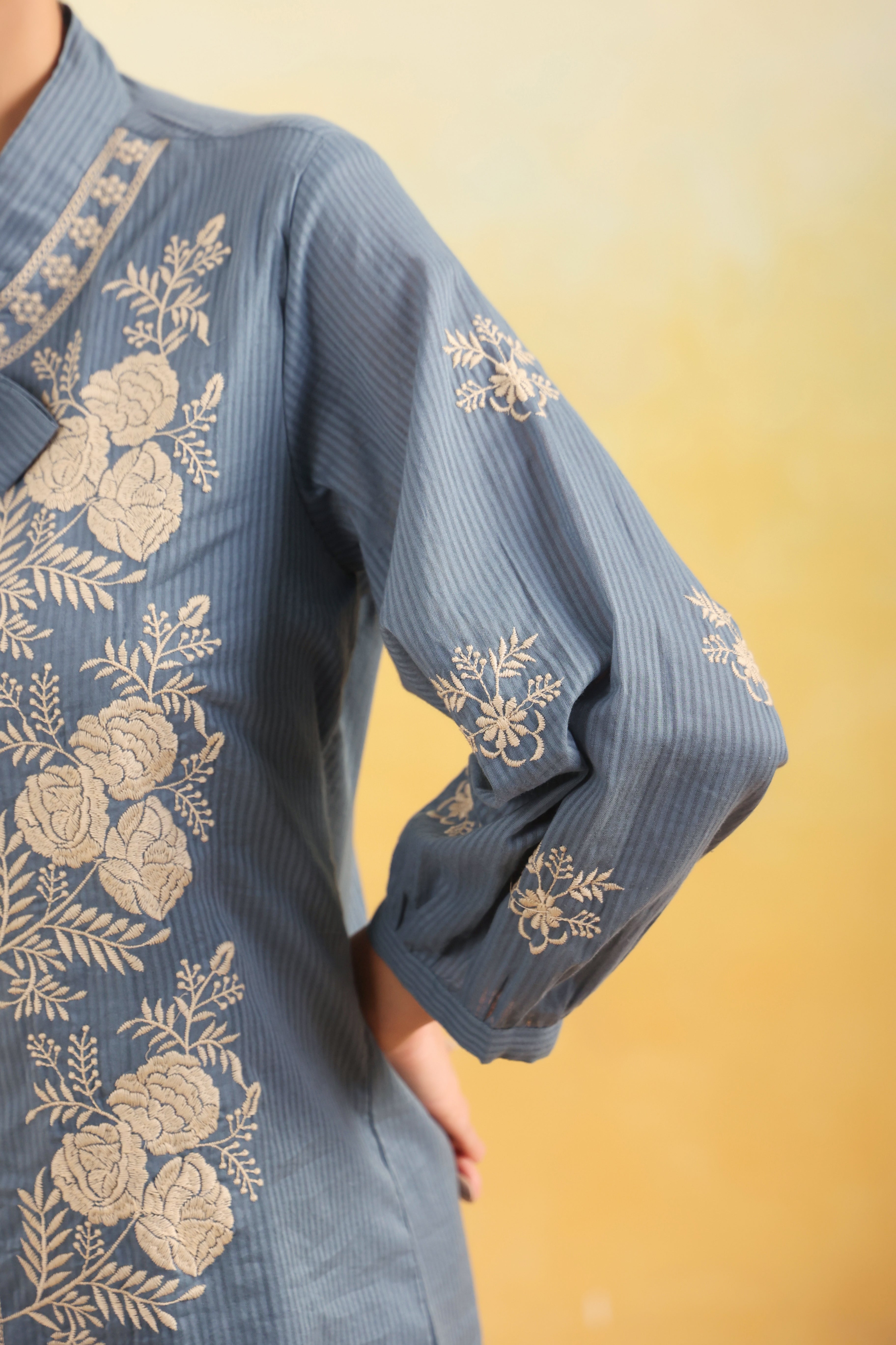 Women Blue Floral Embroidered Shirt Collar Co-ord Set