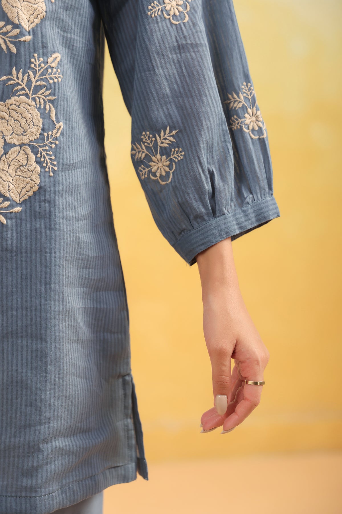 Women Blue Floral Embroidered Shirt Collar Co-ord Set
