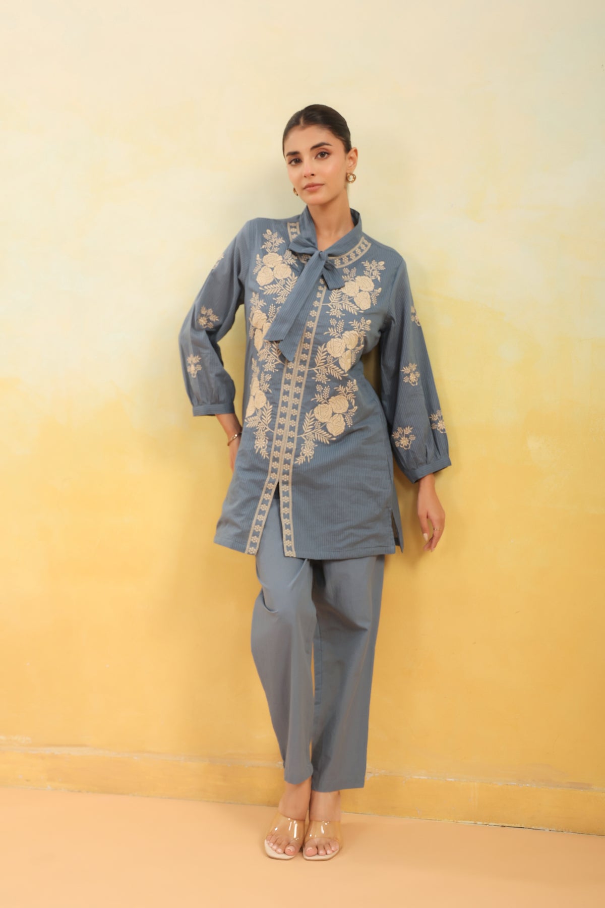 Women Blue Floral Embroidered Shirt Collar Co-ord Set