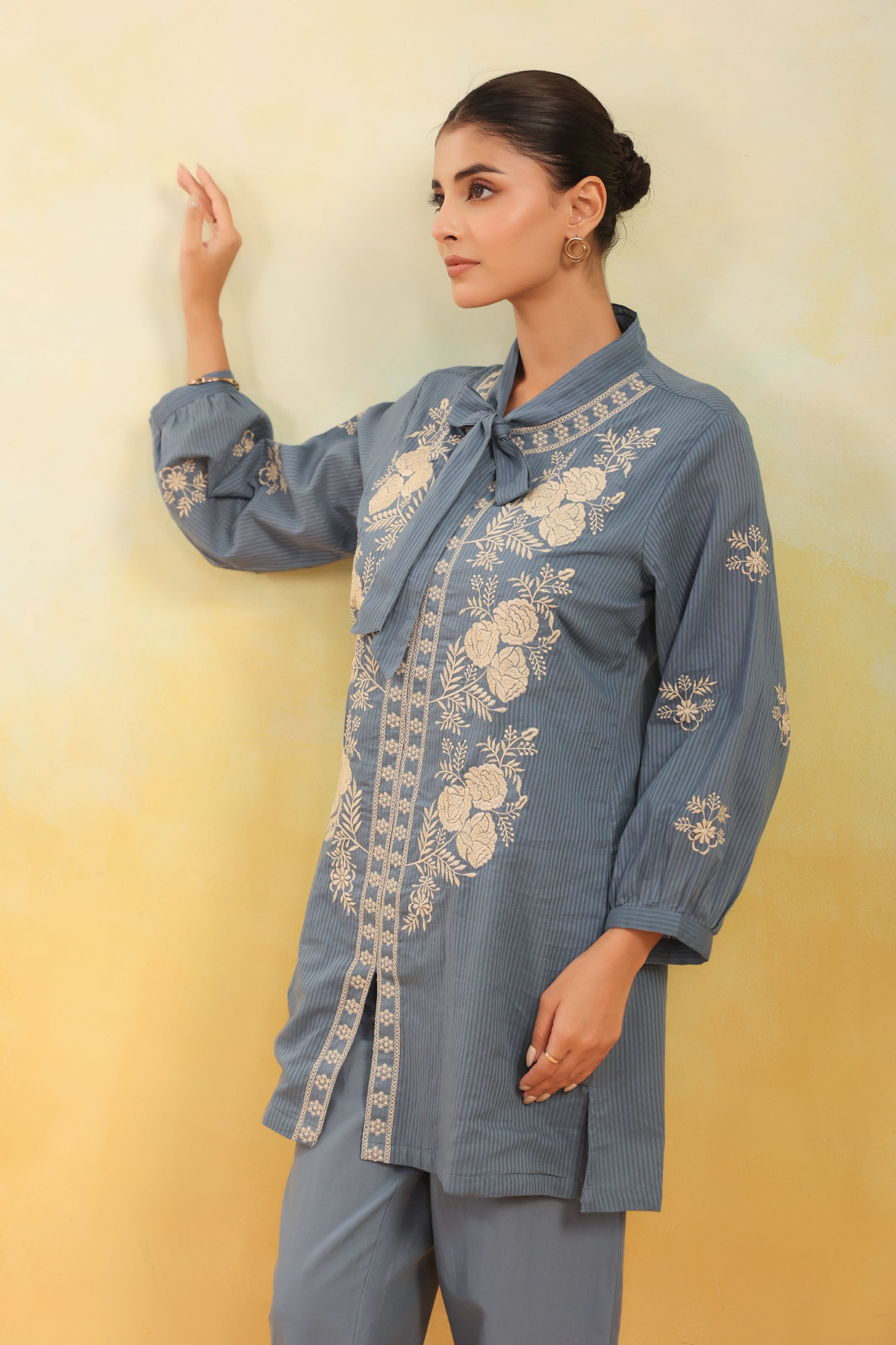 Women Blue Floral Embroidered Shirt Collar Co-ord Set