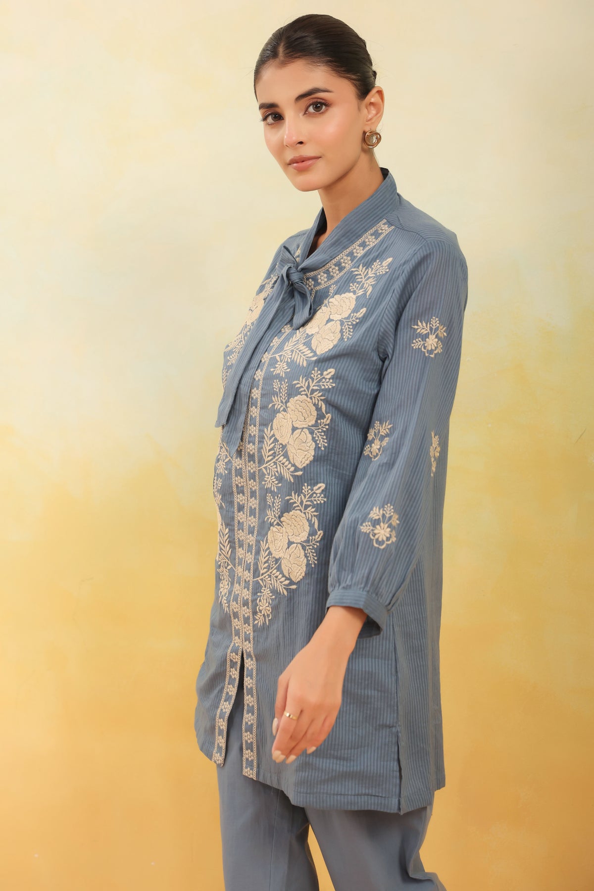 Women Blue Floral Embroidered Shirt Collar Co-ord Set