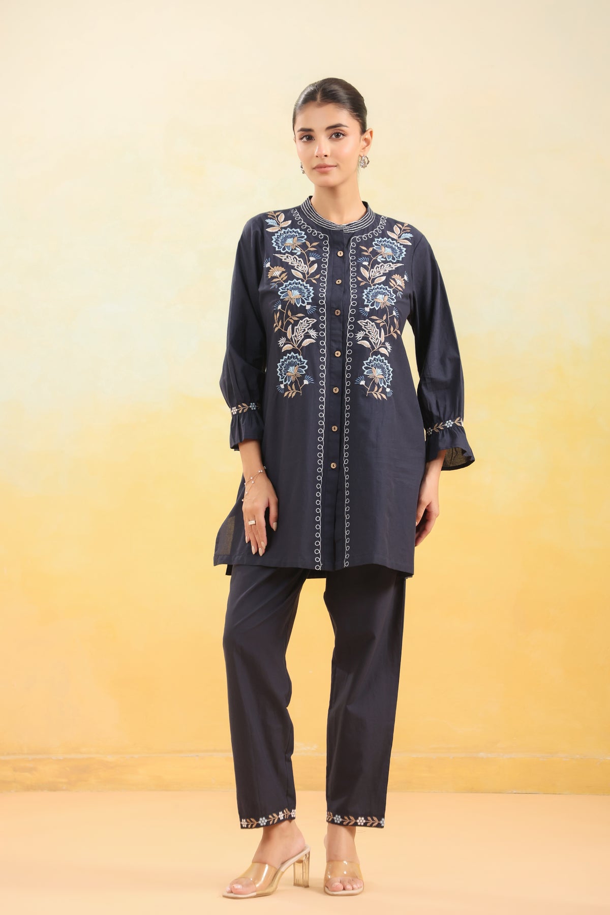 Women Navy Blue Floral Embroidered Straight Kurta Co-ord Set