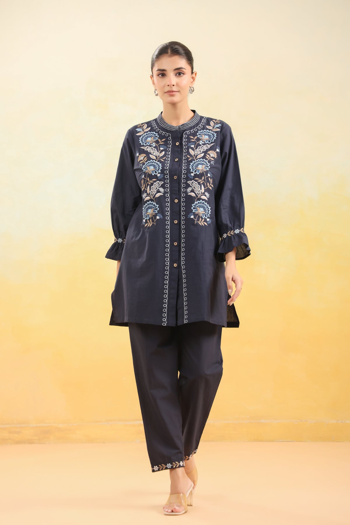 Women Navy Blue Floral Embroidered Straight Kurta Co-ord Set