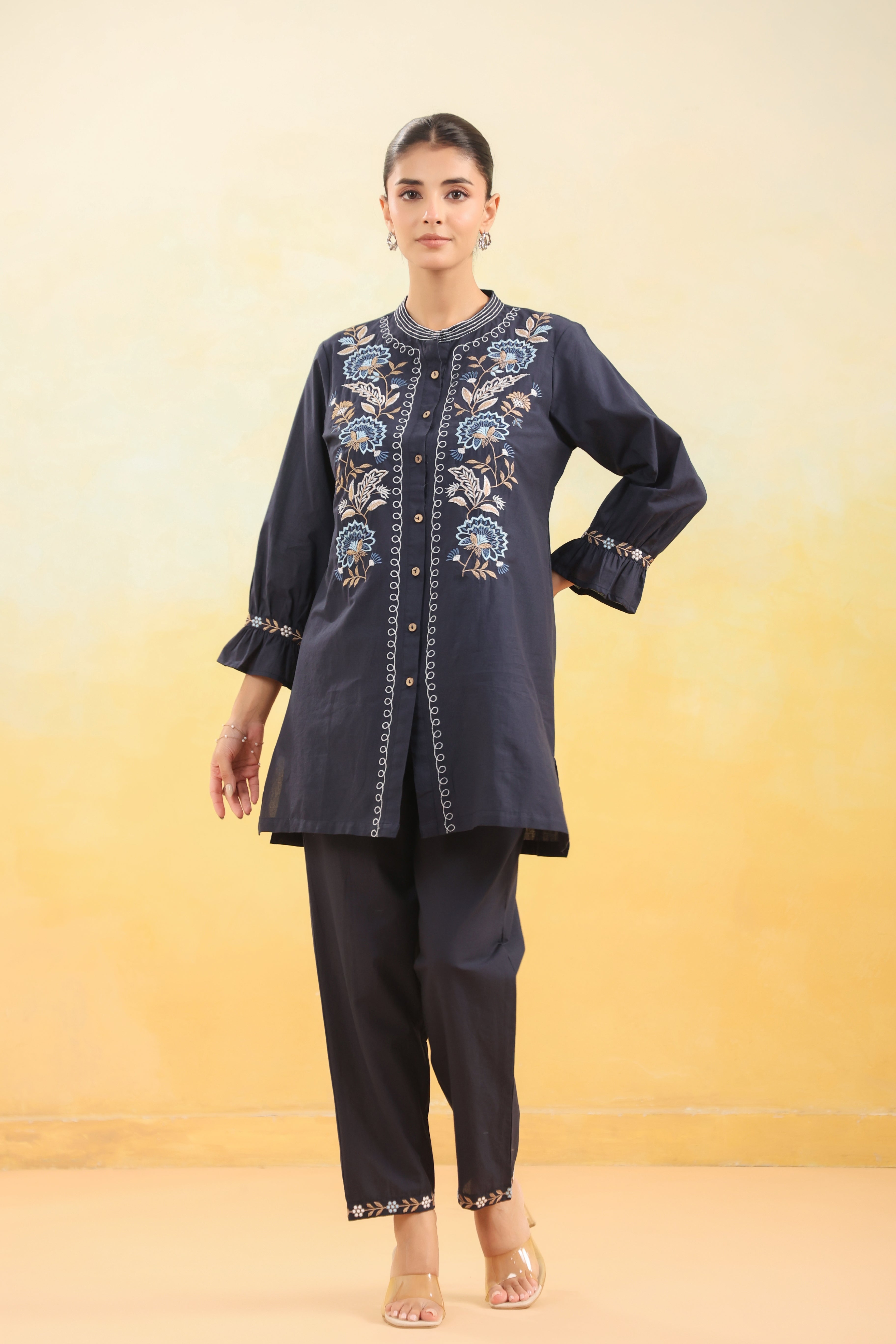 Women Navy Blue Floral Embroidered Straight Kurta Co-ord Set