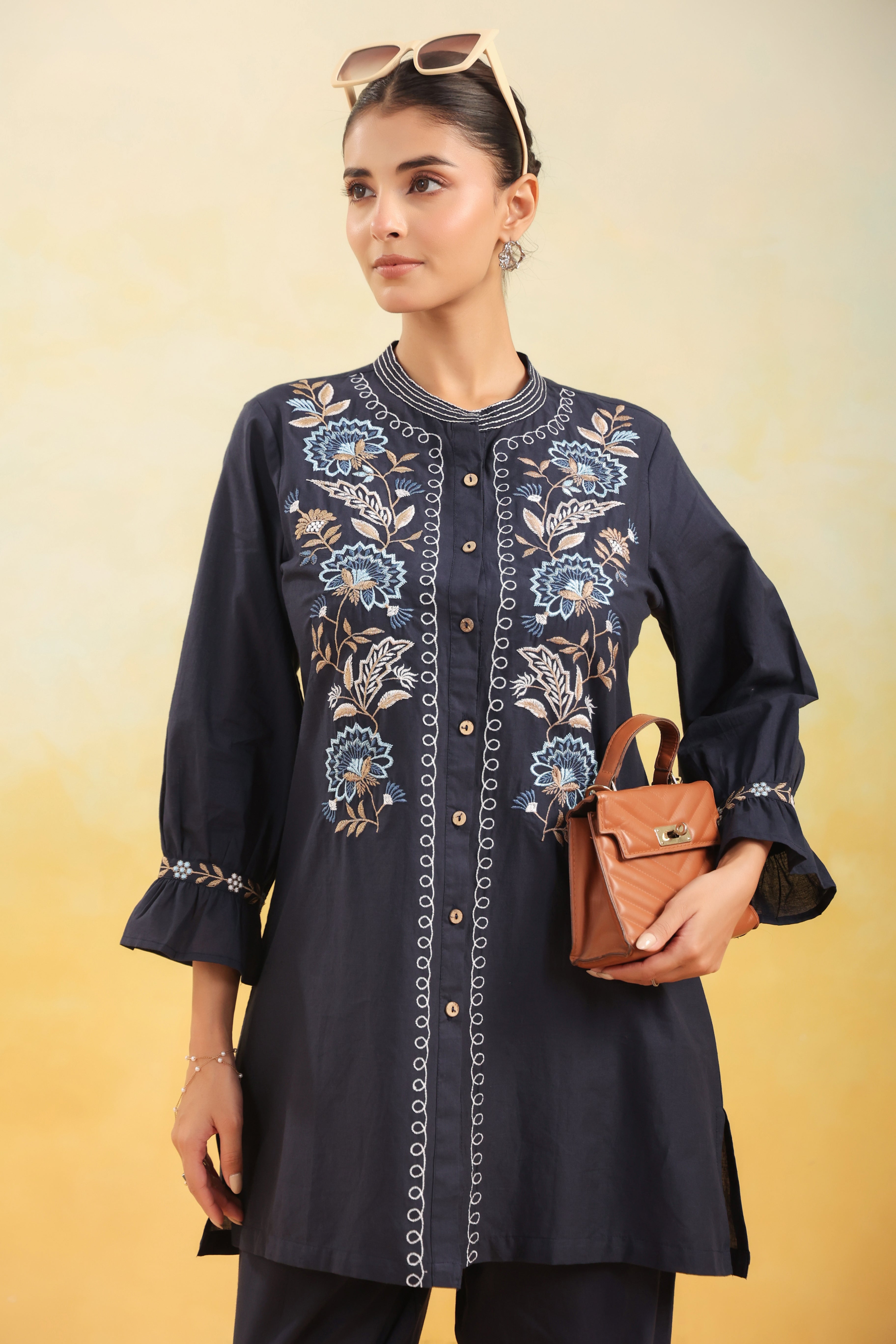 Women Navy Blue Floral Embroidered Straight Kurta Co-ord Set