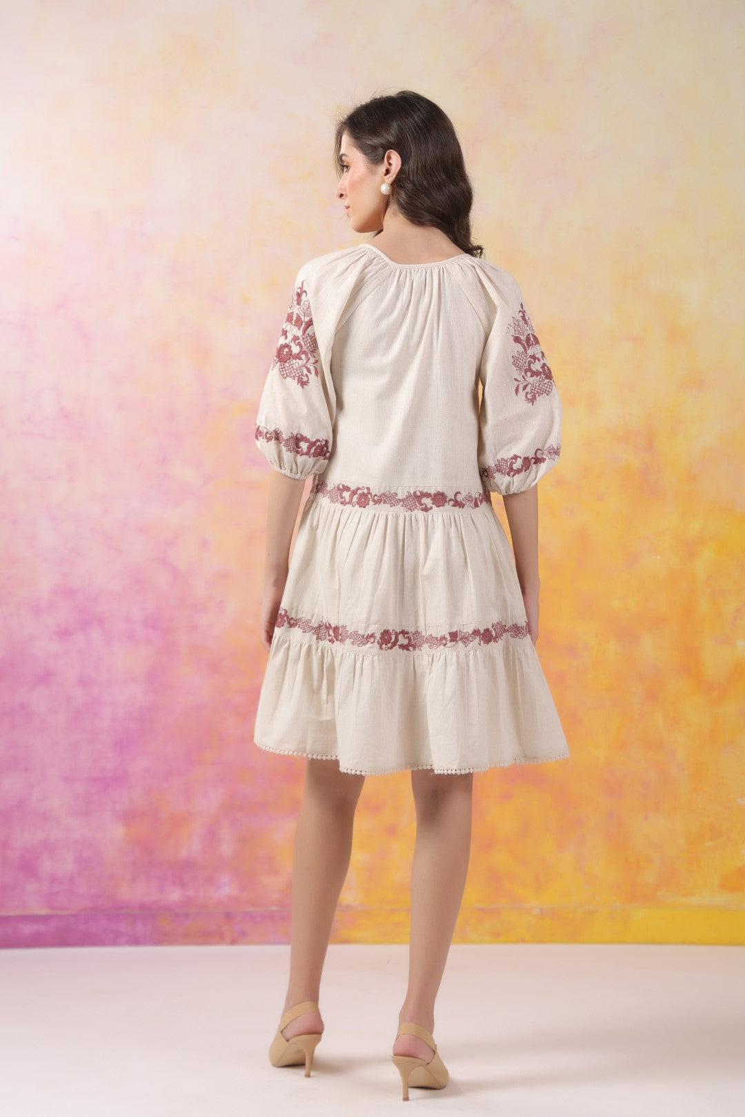 Cream Maroon Embroidered Pleated Tiered Dress