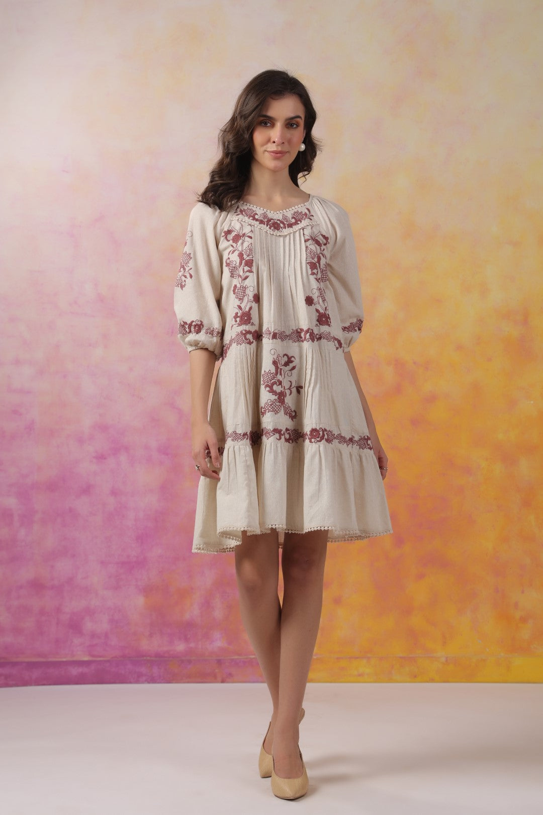 Cream Maroon Embroidered Pleated Tiered Dress